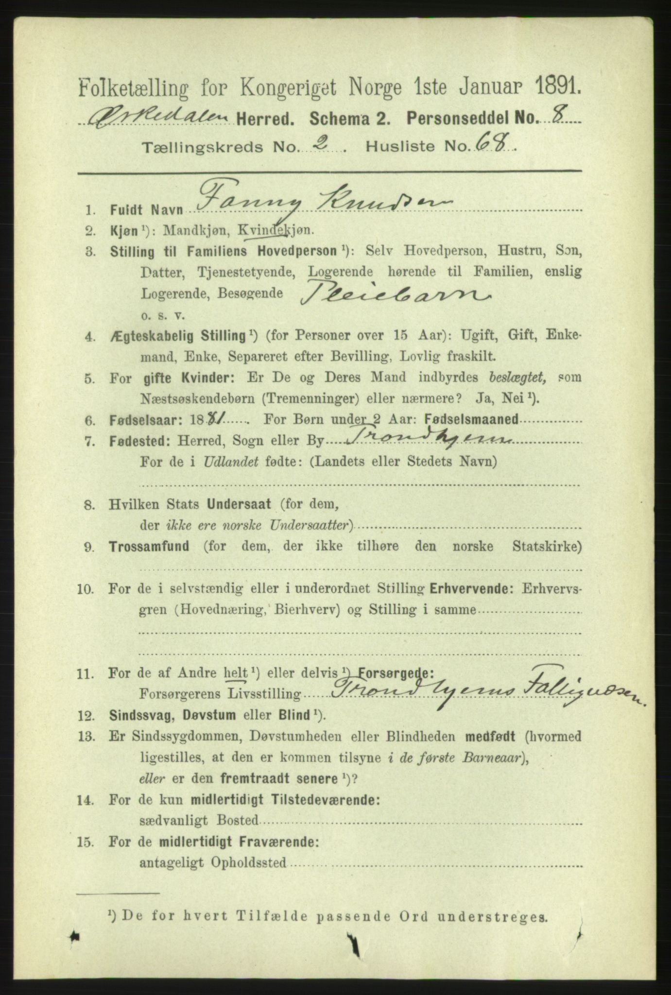 RA, 1891 census for 1638 Orkdal, 1891, p. 1413