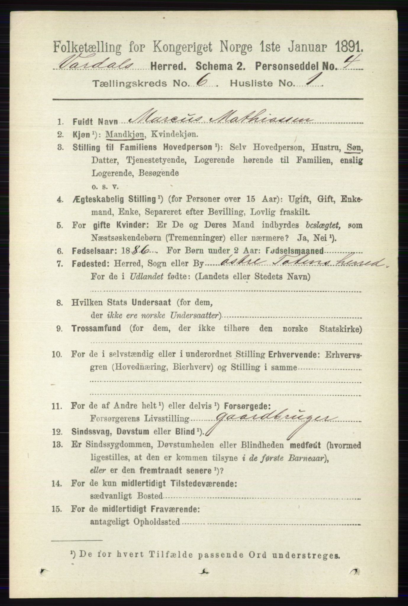 RA, 1891 census for 0527 Vardal, 1891, p. 2377