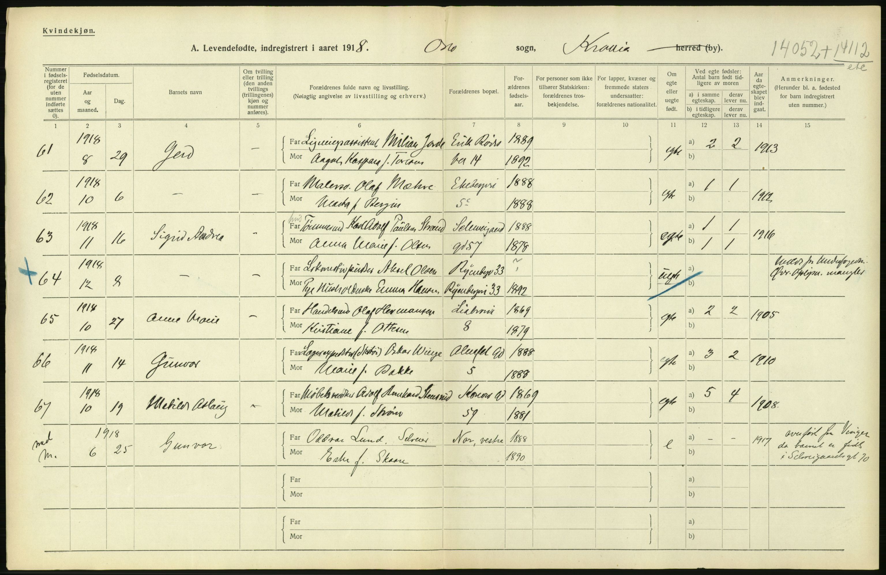 Statistisk sentralbyrå, Sosiodemografiske emner, Befolkning, RA/S-2228/D/Df/Dfb/Dfbh/L0007: Kristiania: Levendefødte menn og kvinner., 1918, p. 320