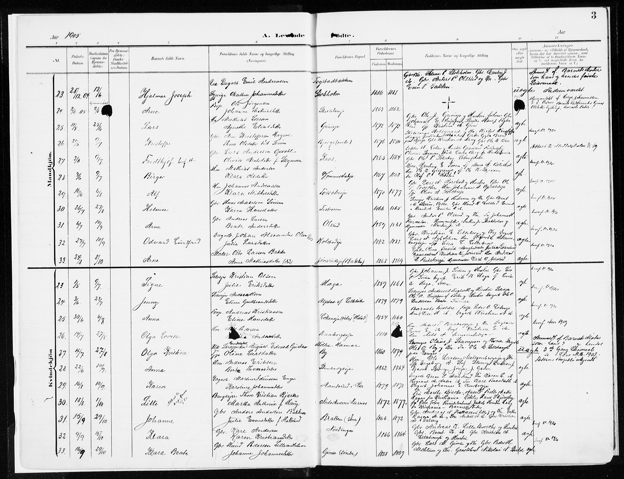 Ringsaker prestekontor, AV/SAH-PREST-014/K/Ka/L0019: Parish register (official) no. 19, 1905-1920, p. 3