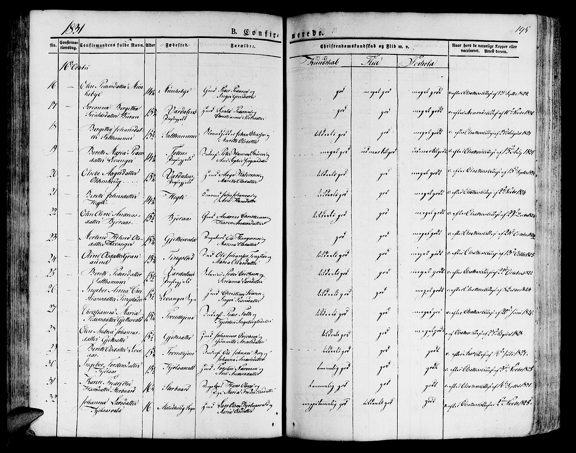 Ministerialprotokoller, klokkerbøker og fødselsregistre - Nord-Trøndelag, SAT/A-1458/717/L0152: Parish register (official) no. 717A05 /1, 1825-1836, p. 195