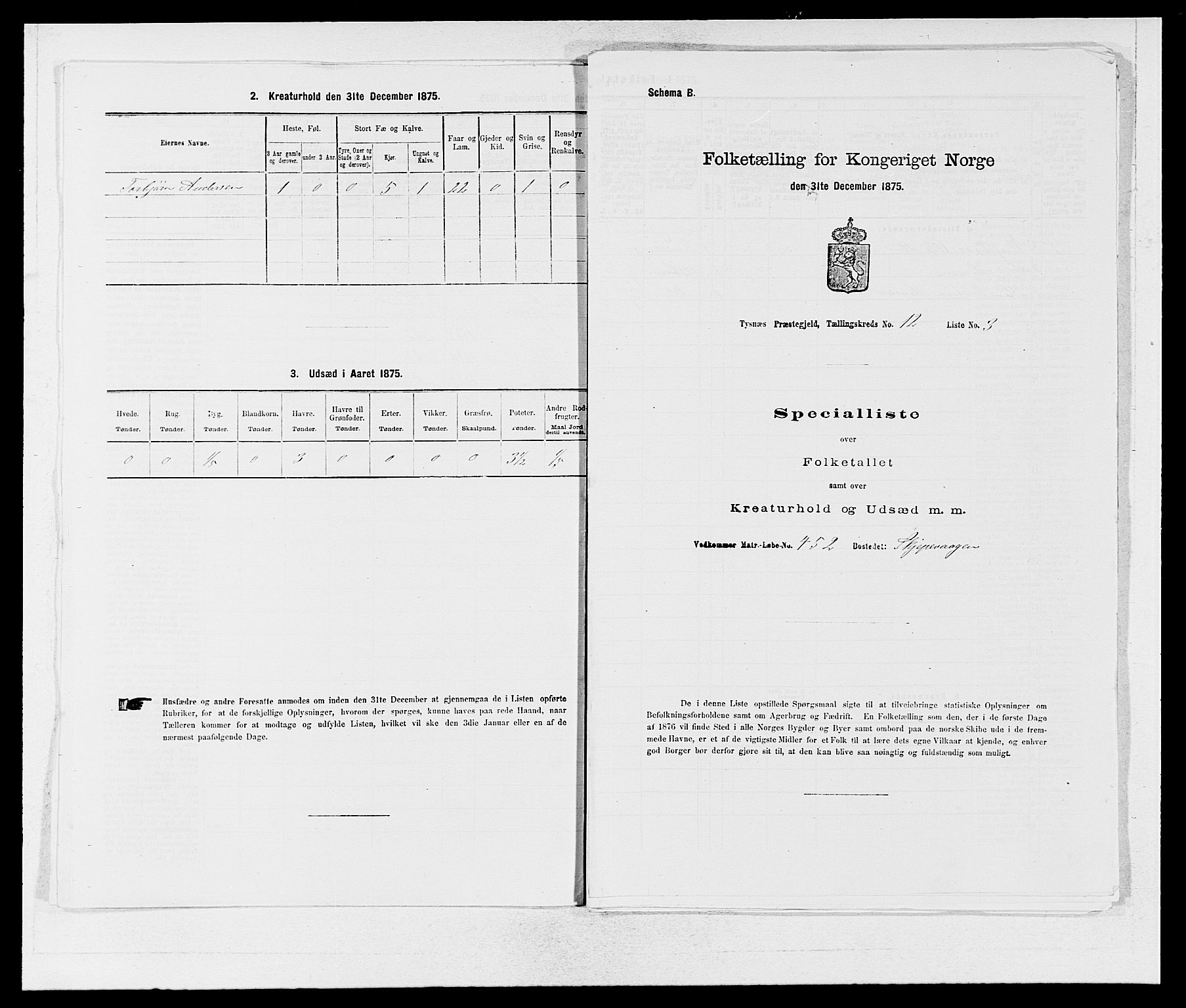 SAB, 1875 census for 1223P Tysnes, 1875, p. 1424