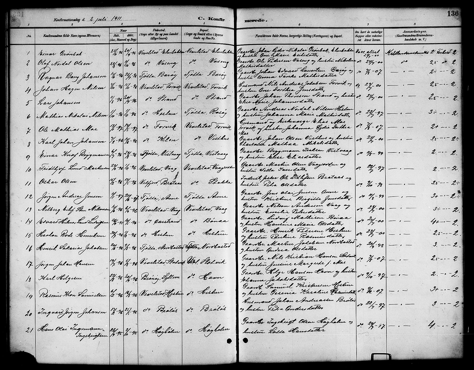 Ministerialprotokoller, klokkerbøker og fødselsregistre - Nordland, SAT/A-1459/819/L0277: Parish register (copy) no. 819C03, 1888-1917, p. 136