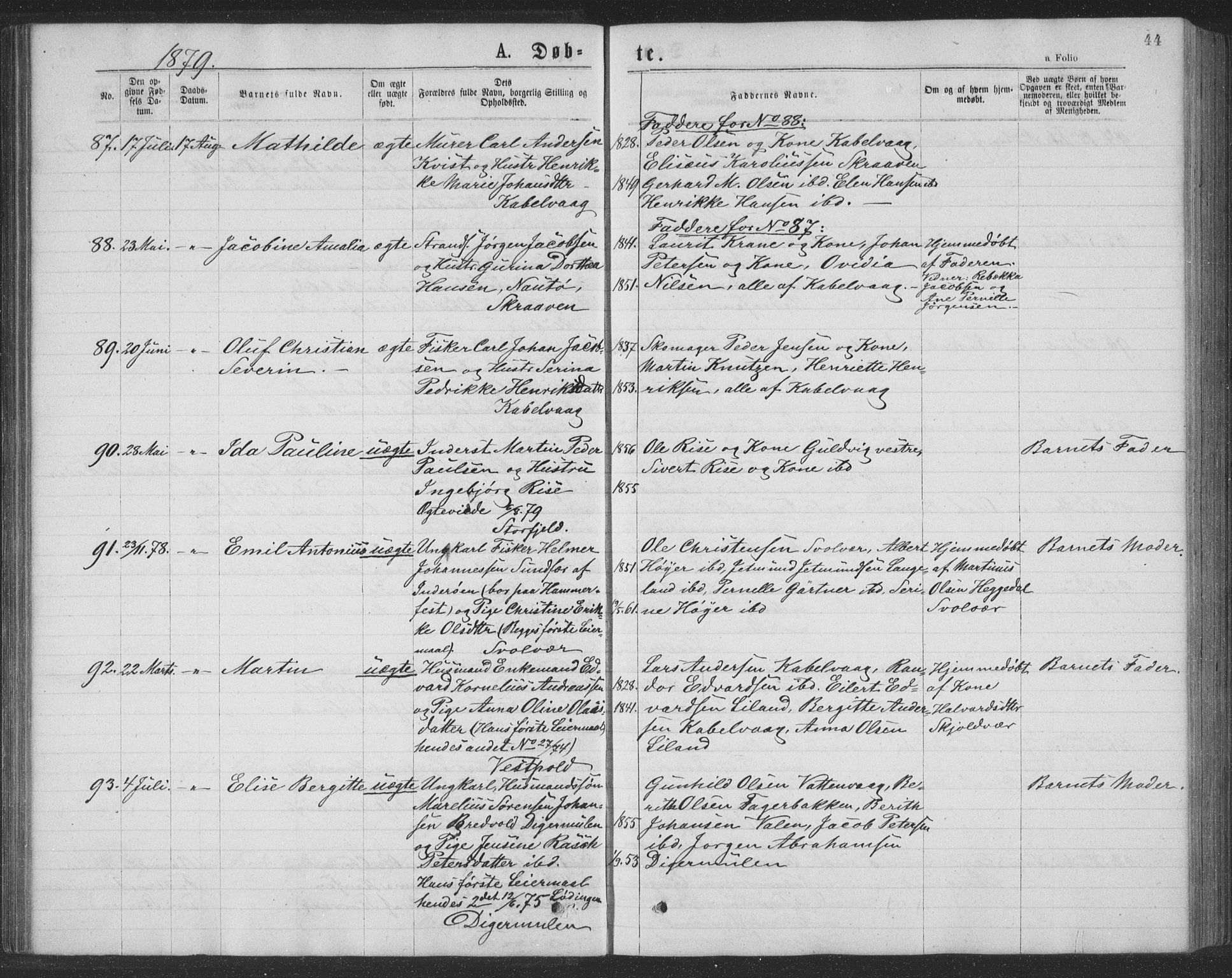 Ministerialprotokoller, klokkerbøker og fødselsregistre - Nordland, AV/SAT-A-1459/874/L1075: Parish register (copy) no. 874C04, 1876-1883, p. 44