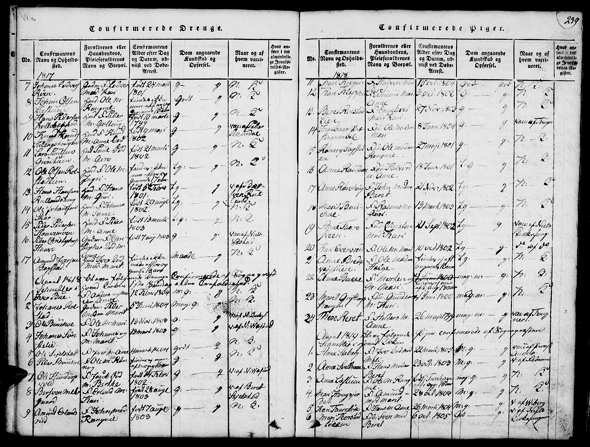 Fron prestekontor, SAH/PREST-078/H/Ha/Hab/L0001: Parish register (copy) no. 1, 1816-1843, p. 239