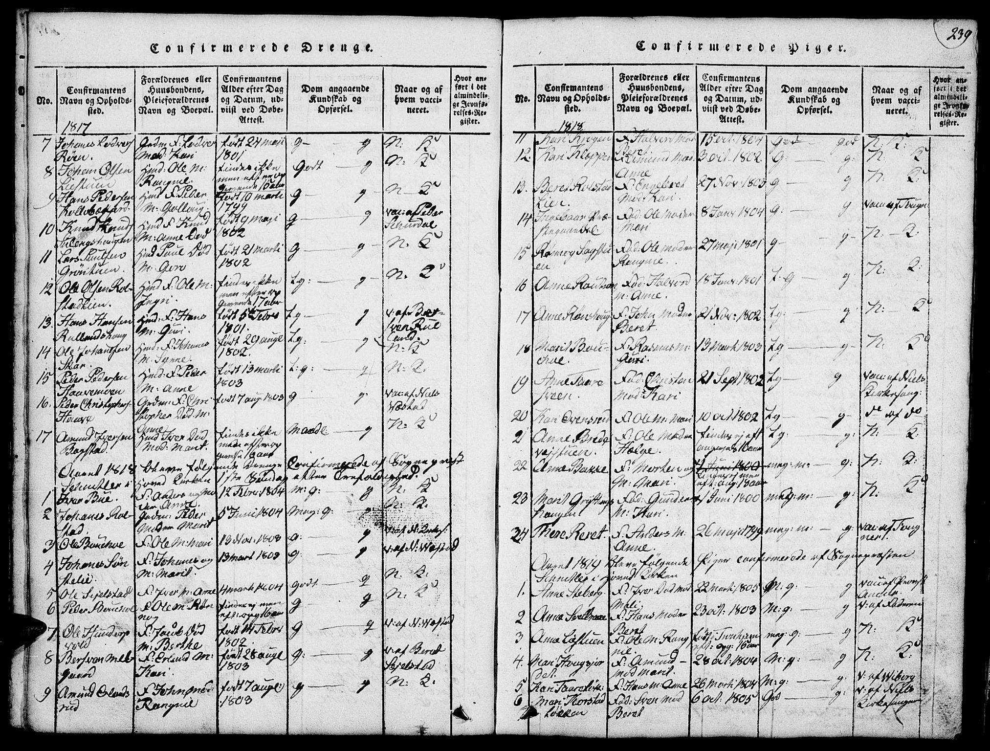 Fron prestekontor, AV/SAH-PREST-078/H/Ha/Hab/L0001: Parish register (copy) no. 1, 1816-1843, p. 239
