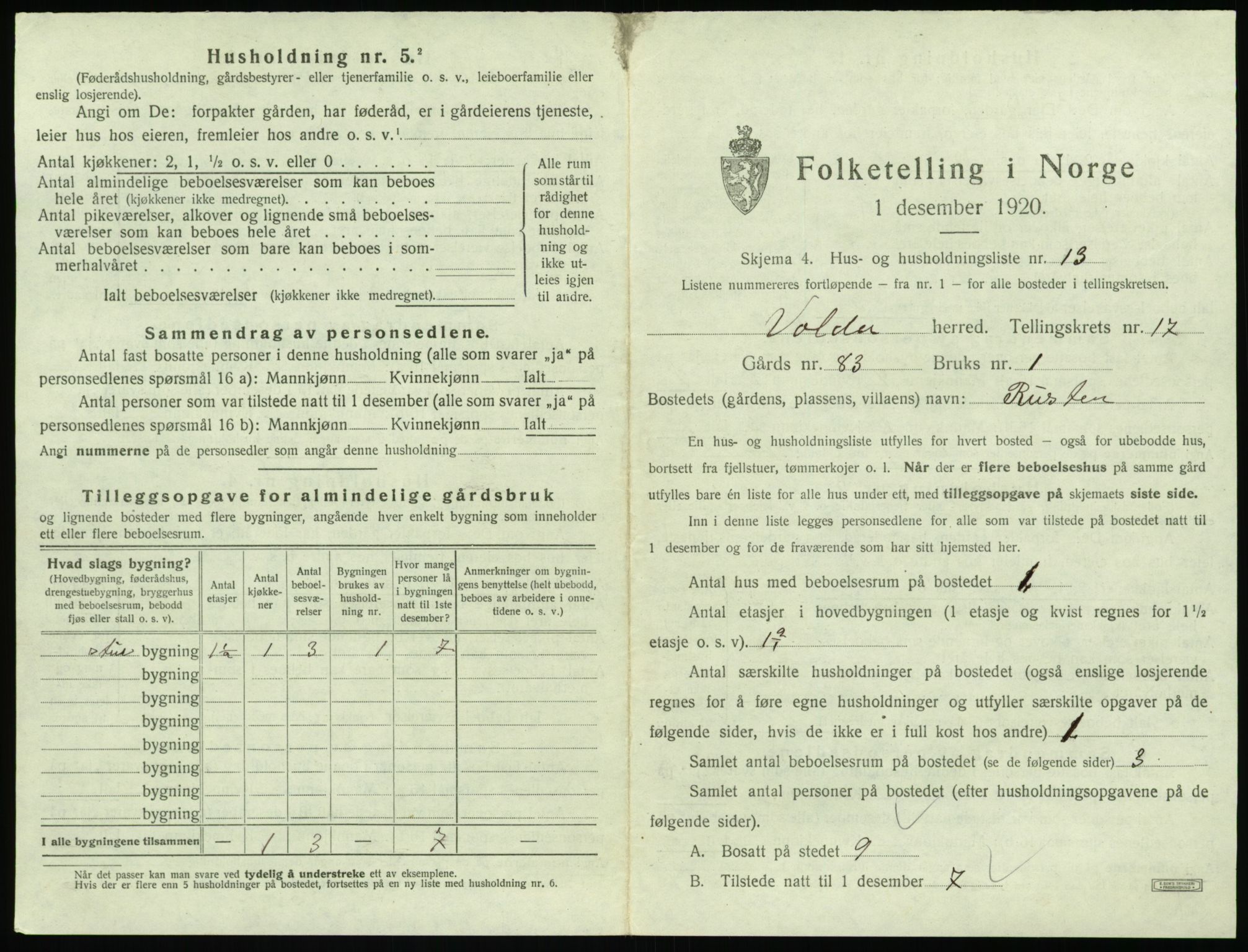 SAT, 1920 census for Volda, 1920, p. 1264