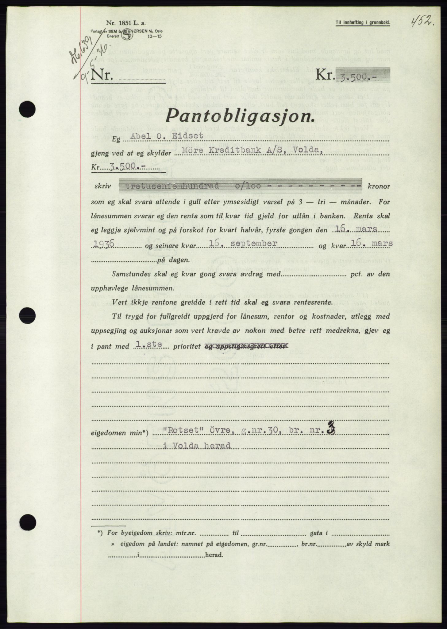 Søre Sunnmøre sorenskriveri, AV/SAT-A-4122/1/2/2C/L0060: Mortgage book no. 54, 1935-1936, Deed date: 09.05.1936