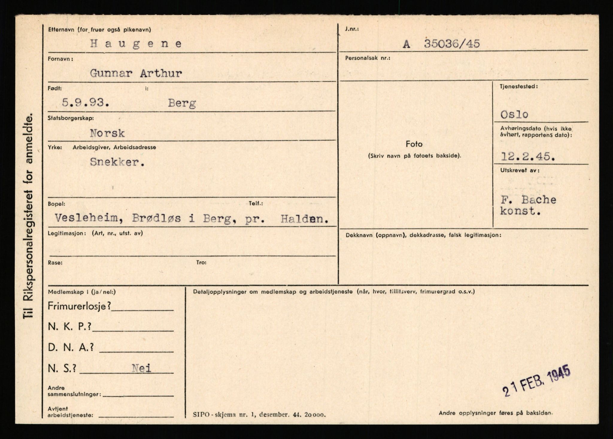 Statspolitiet - Hovedkontoret / Osloavdelingen, AV/RA-S-1329/C/Ca/L0006: Hanche - Hokstvedt, 1943-1945, p. 2507