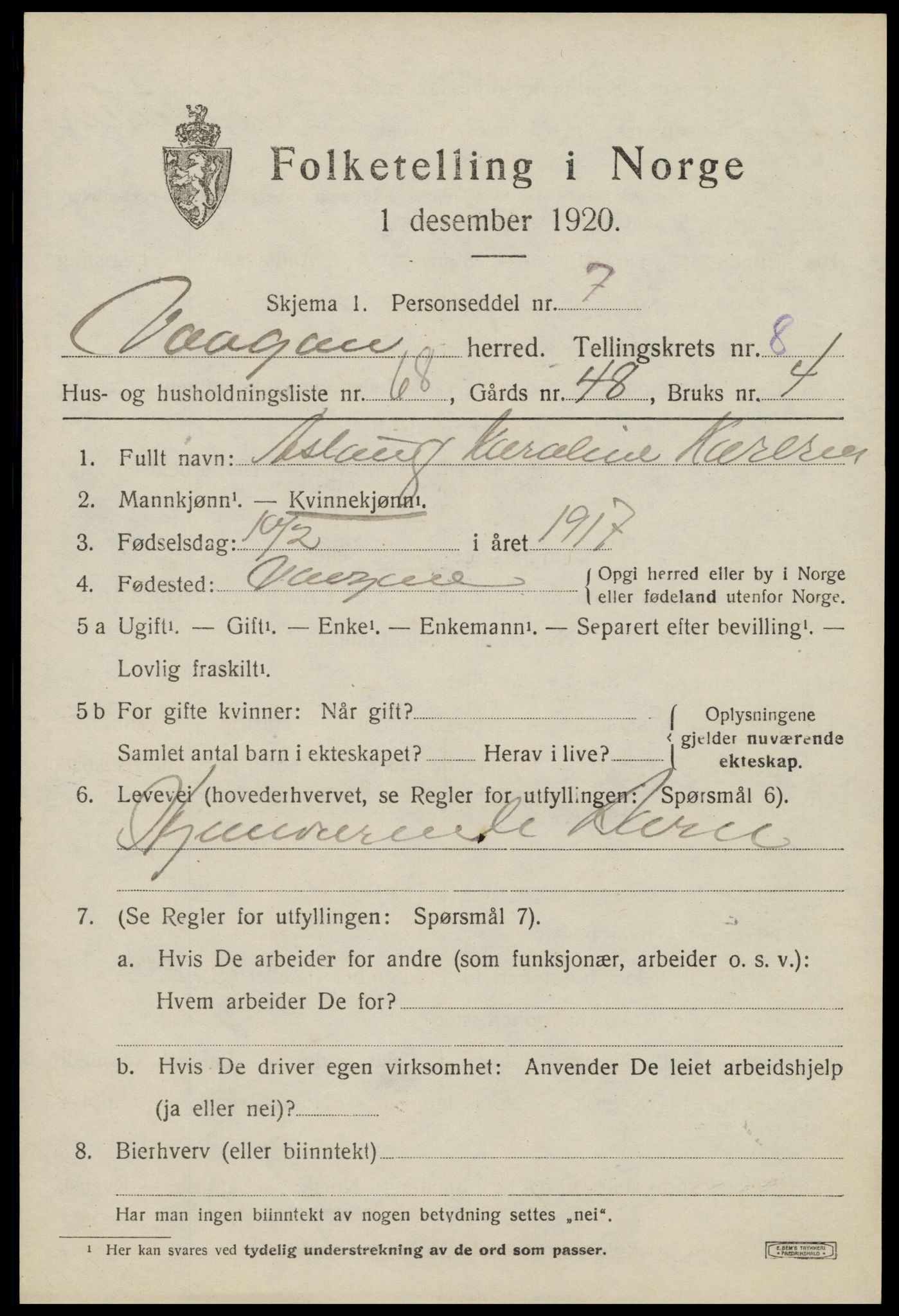 SAT, 1920 census for Vågan, 1920, p. 7951