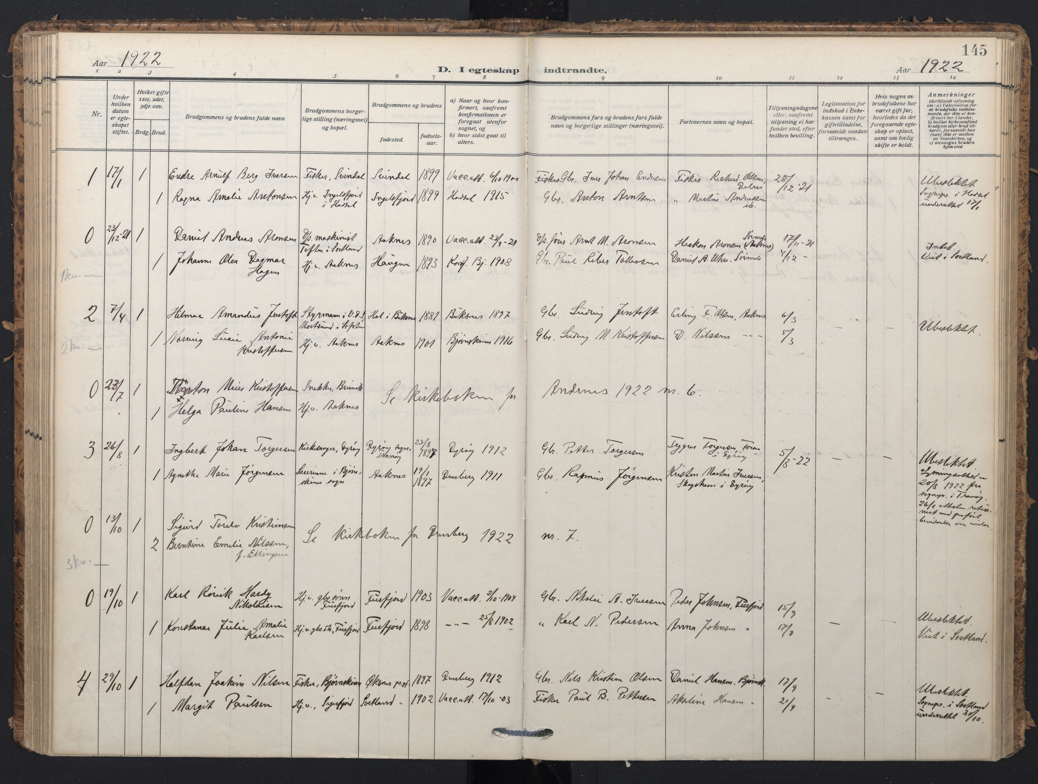 Ministerialprotokoller, klokkerbøker og fødselsregistre - Nordland, SAT/A-1459/898/L1423: Parish register (official) no. 898A03, 1909-1928, p. 145