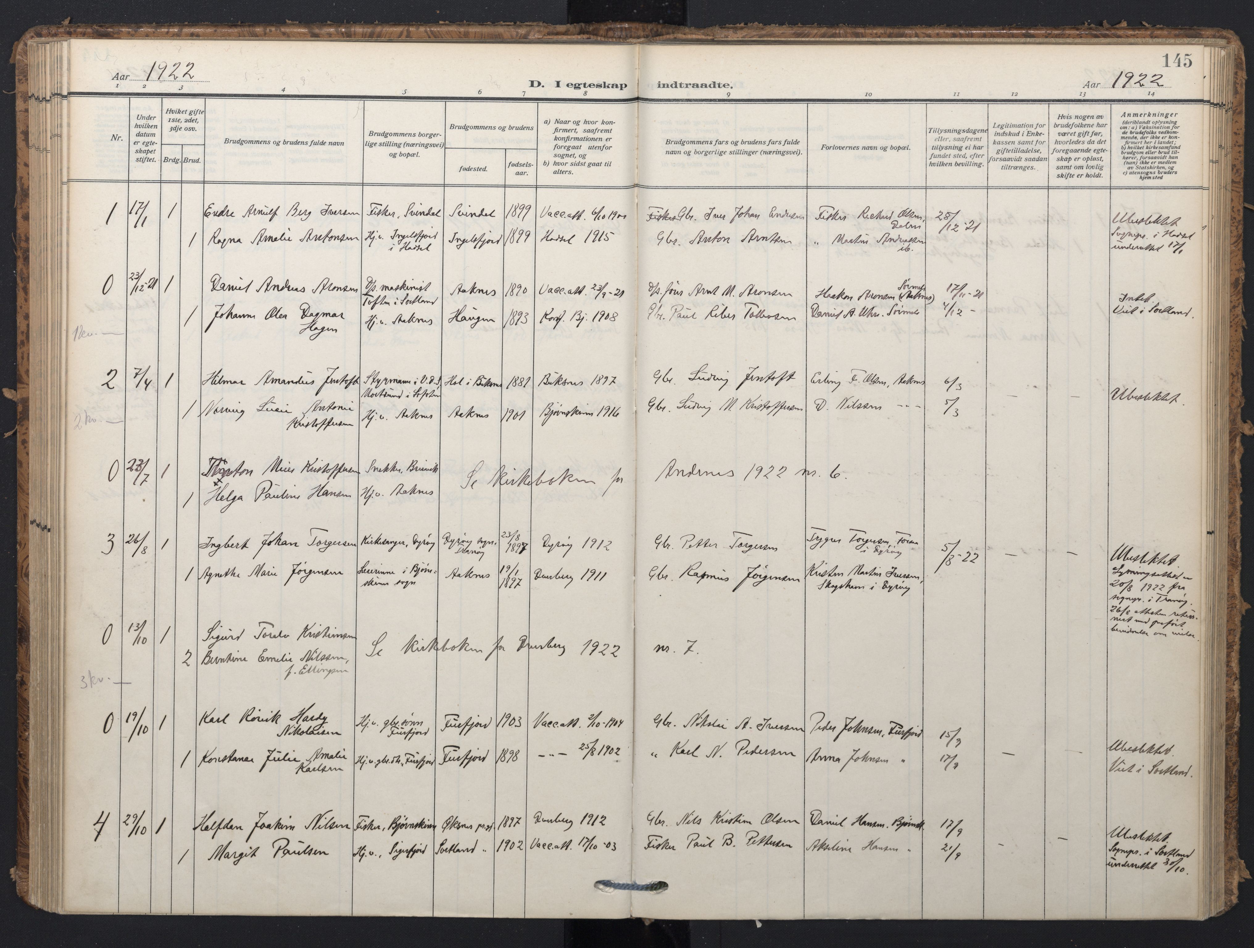 Ministerialprotokoller, klokkerbøker og fødselsregistre - Nordland, AV/SAT-A-1459/898/L1423: Parish register (official) no. 898A03, 1909-1928, p. 145