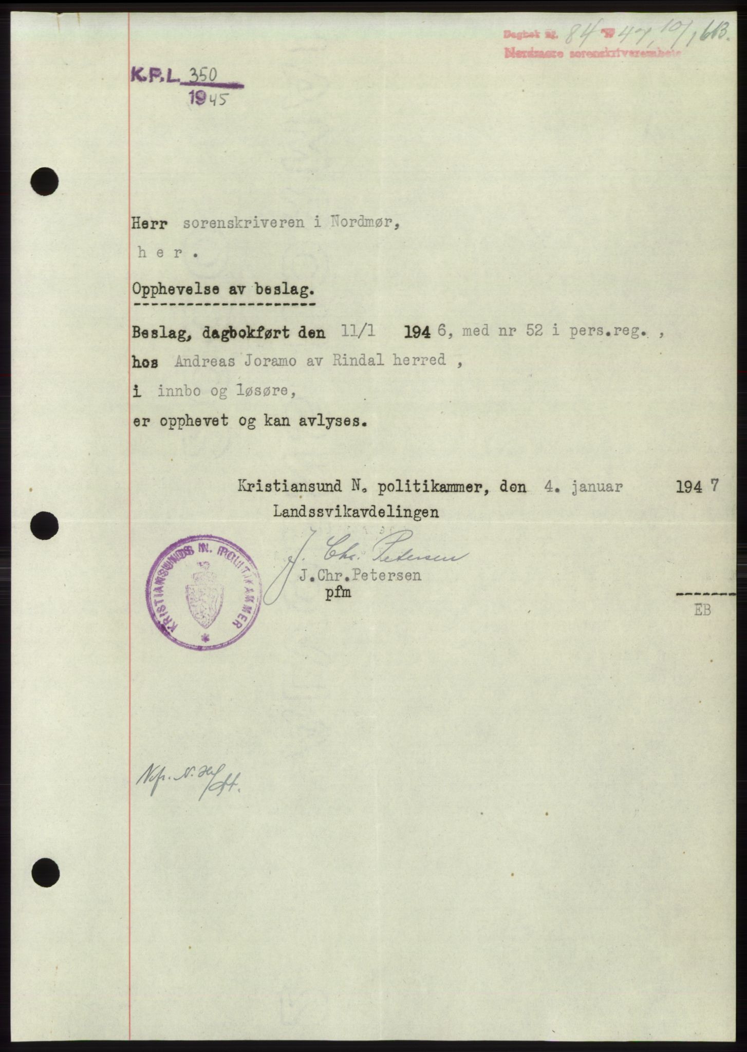 Nordmøre sorenskriveri, AV/SAT-A-4132/1/2/2Ca: Mortgage book no. B95, 1946-1947, Diary no: : 84/1947