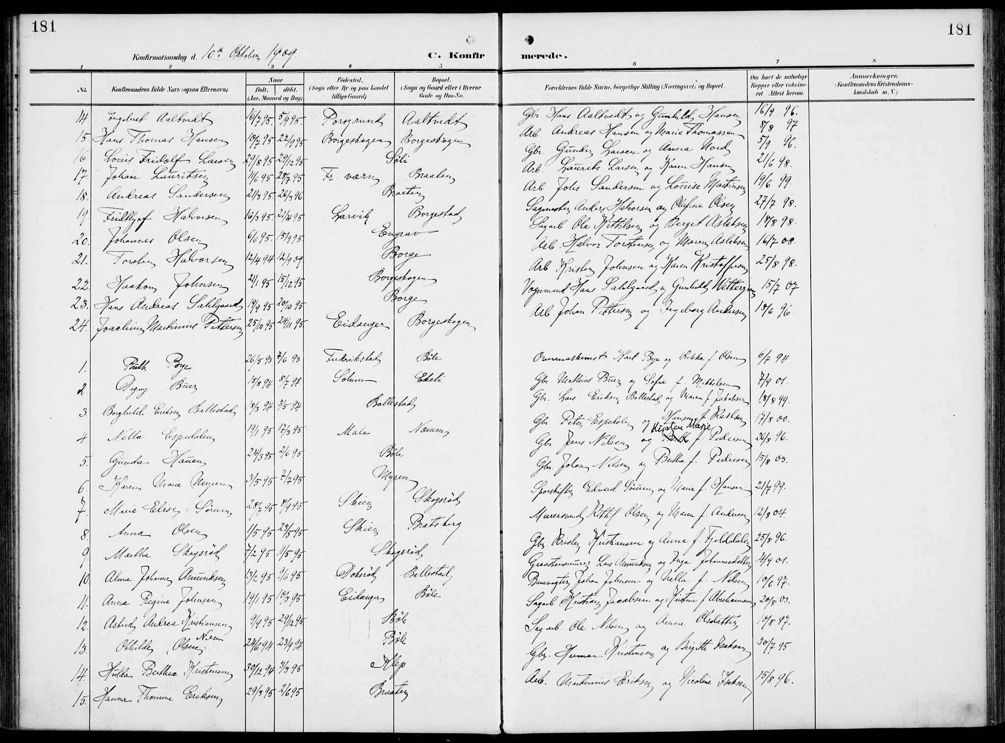 Gjerpen kirkebøker, SAKO/A-265/F/Fa/L0012: Parish register (official) no. I 12, 1905-1913, p. 181