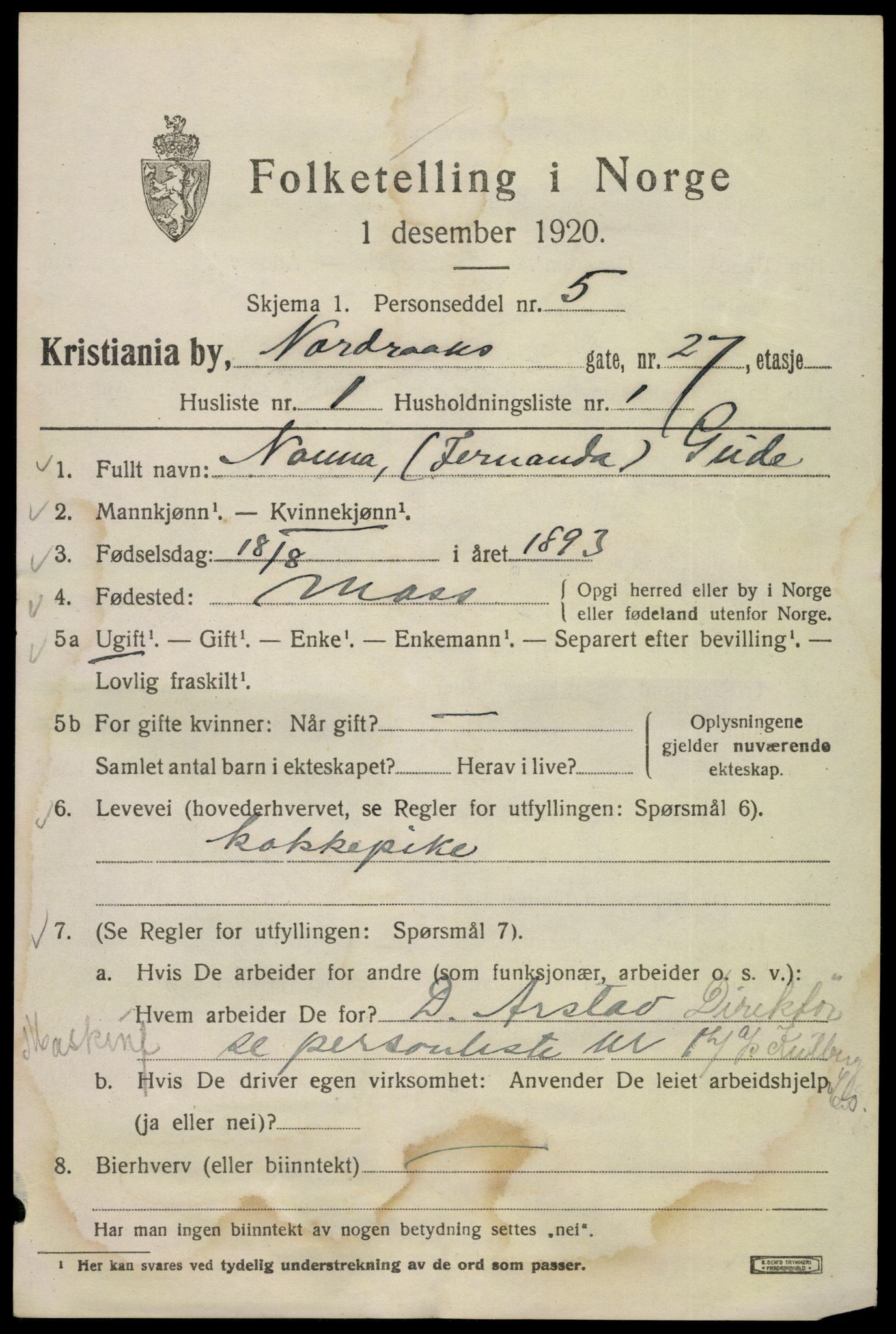 SAO, 1920 census for Kristiania, 1920, p. 424689