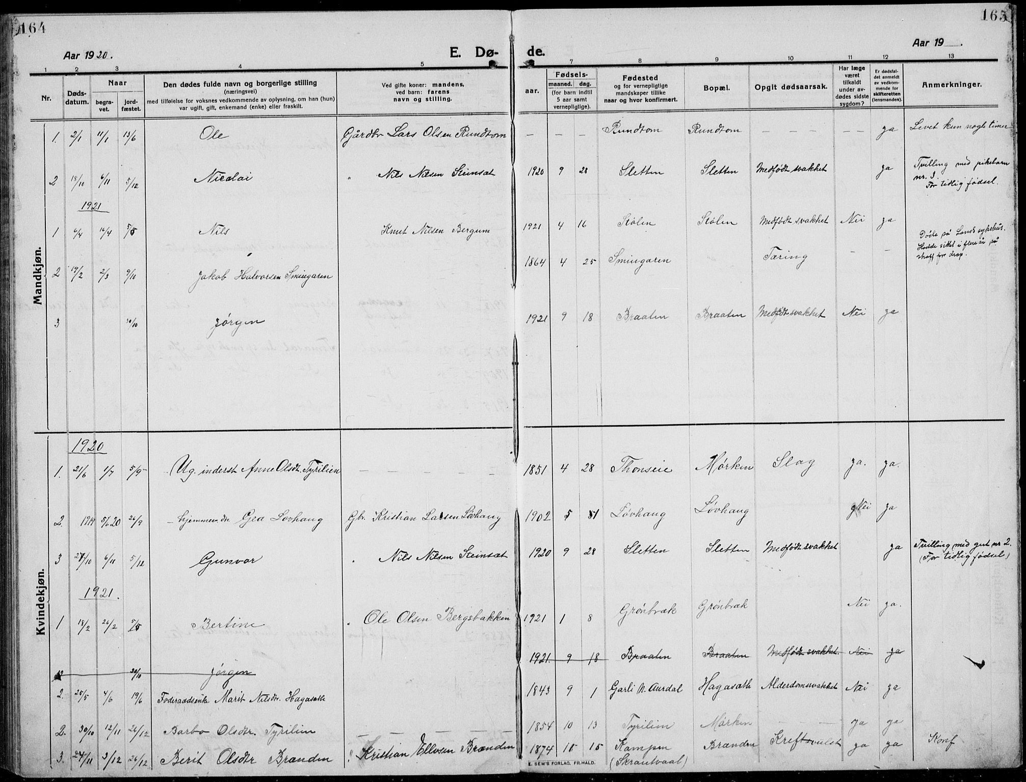 Etnedal prestekontor, SAH/PREST-130/H/Ha/Hab/Habb/L0002: Parish register (copy) no. II 2, 1912-1934, p. 164-165