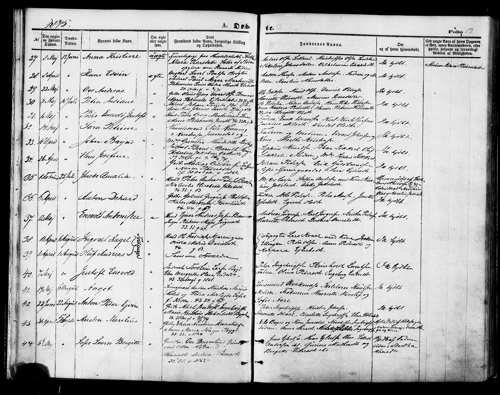 Ministerialprotokoller, klokkerbøker og fødselsregistre - Nordland, AV/SAT-A-1459/895/L1370: Parish register (official) no. 895A05, 1873-1884, p. 12