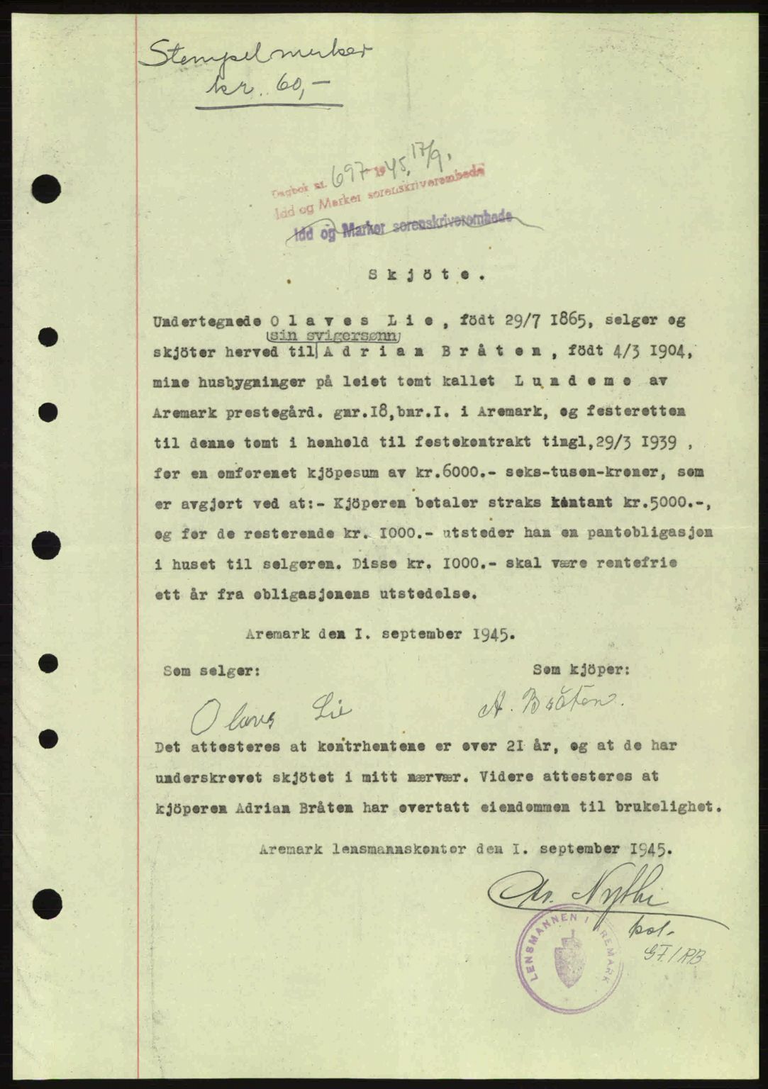 Idd og Marker sorenskriveri, AV/SAO-A-10283/G/Gb/Gbb/L0007: Mortgage book no. A7, 1944-1945, Diary no: : 697/1945