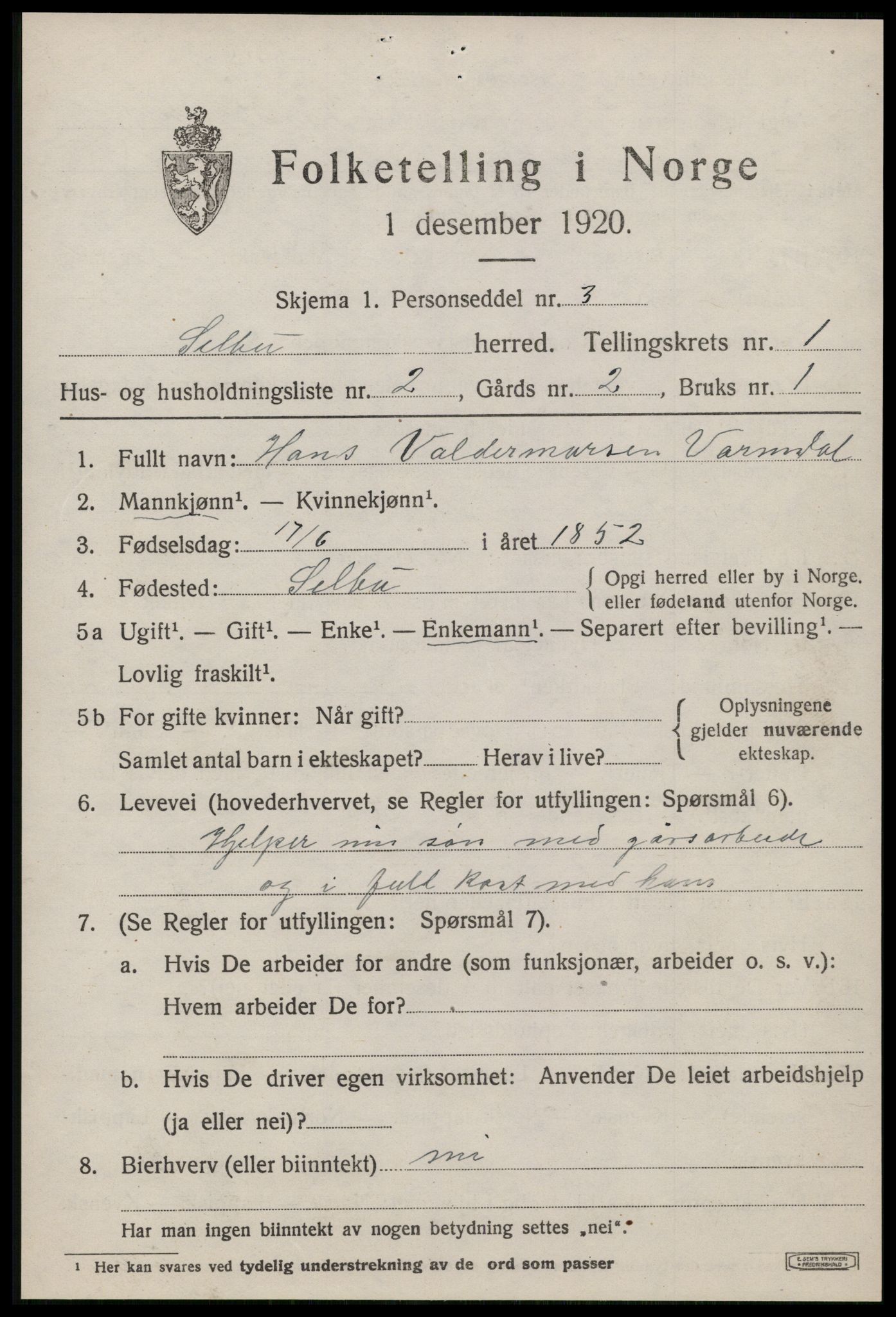 SAT, 1920 census for Selbu, 1920, p. 1692