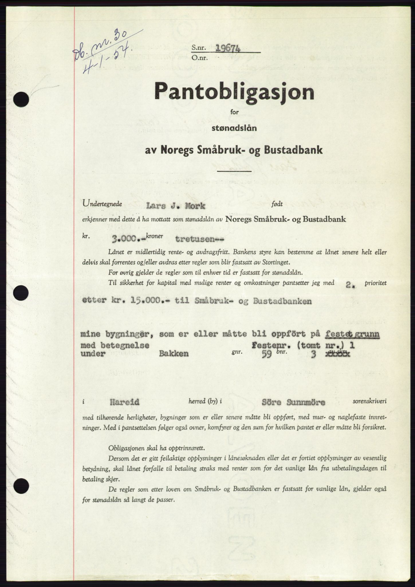 Søre Sunnmøre sorenskriveri, AV/SAT-A-4122/1/2/2C/L0124: Mortgage book no. 12B, 1953-1954, Diary no: : 30/1954