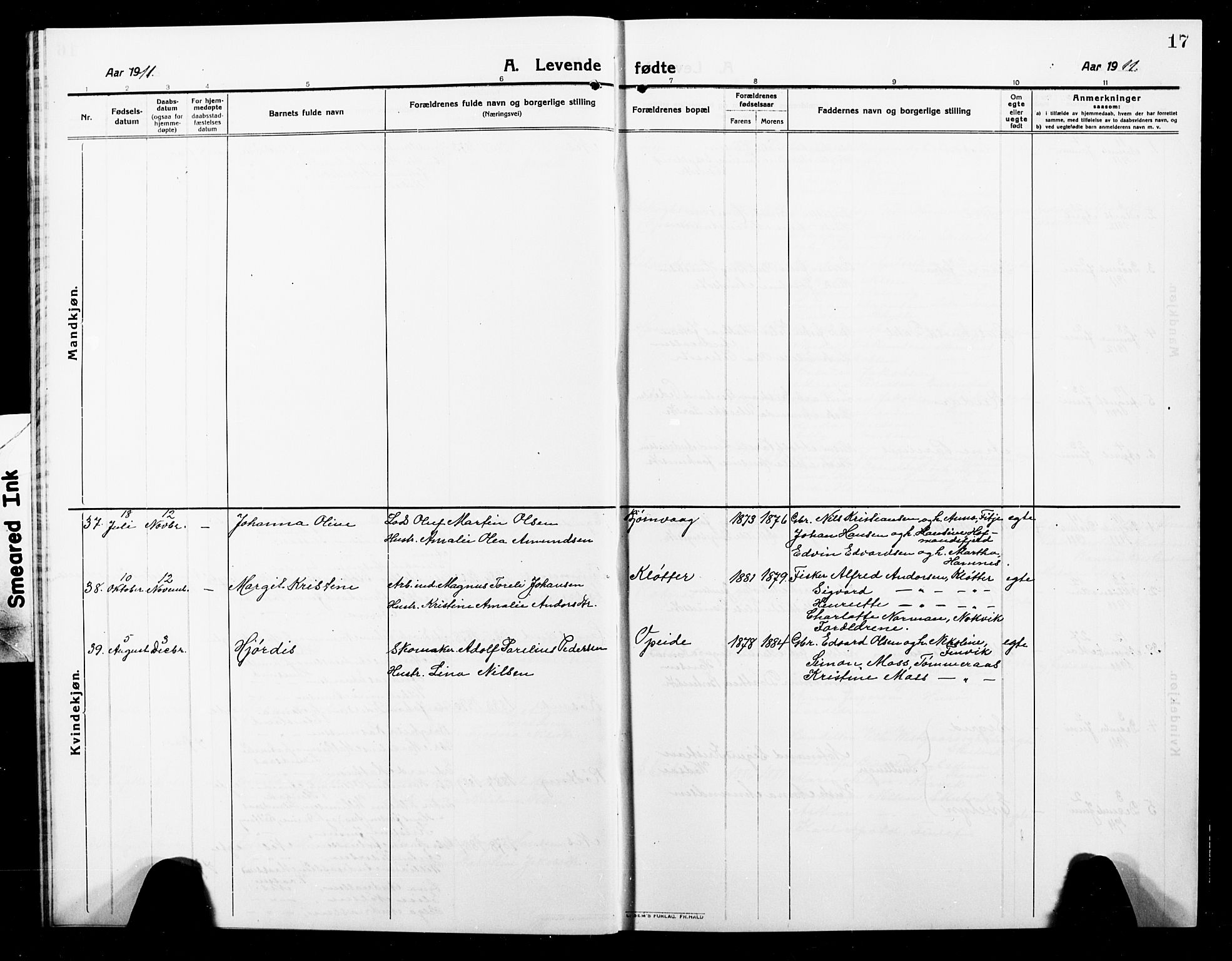 Ministerialprotokoller, klokkerbøker og fødselsregistre - Nordland, AV/SAT-A-1459/859/L0861: Parish register (copy) no. 859C07, 1910-1925, p. 17