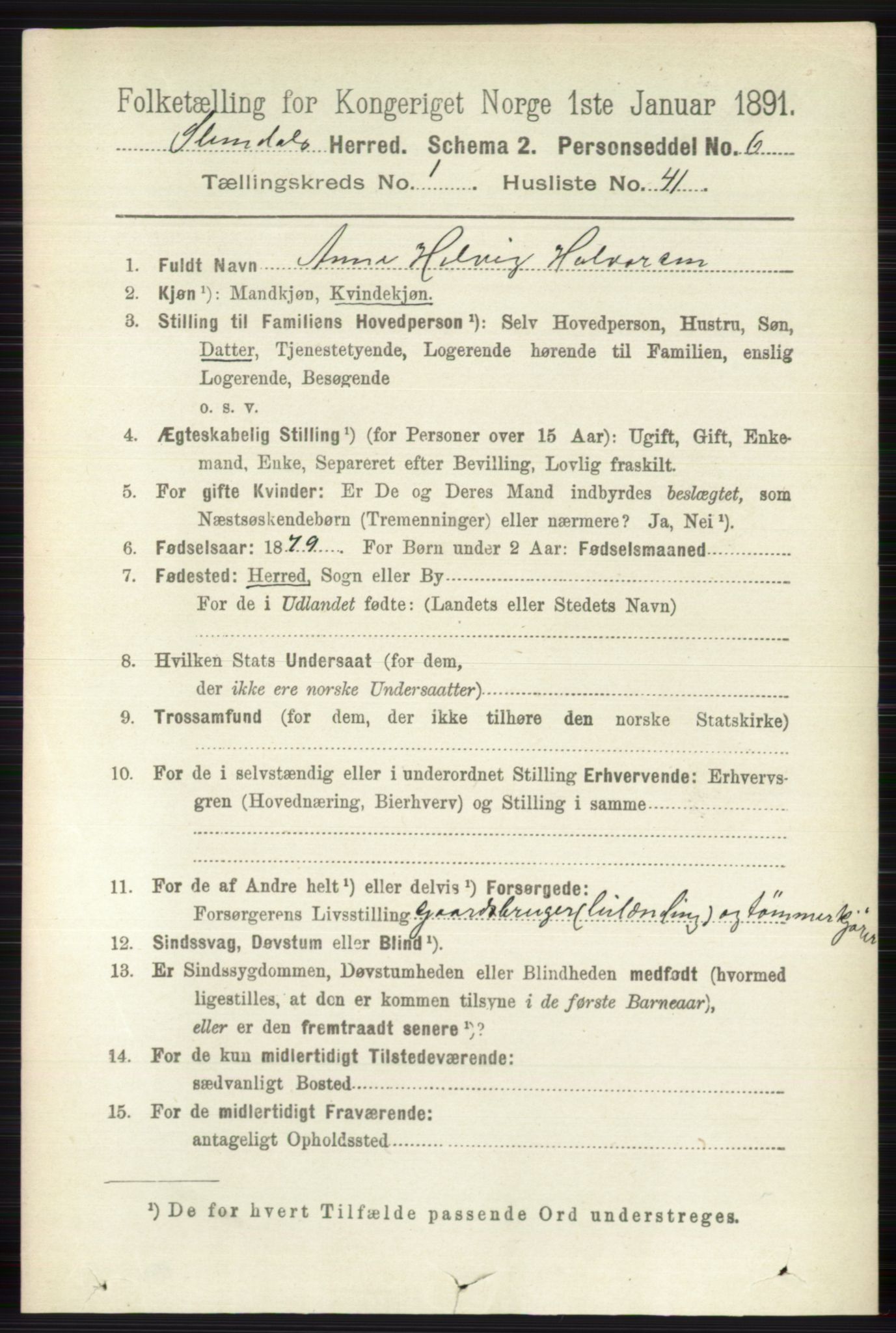 RA, 1891 census for 0811 Slemdal, 1891, p. 307