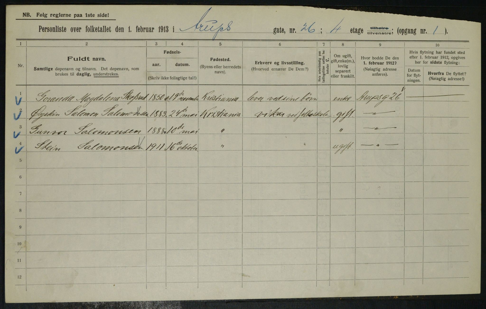 OBA, Municipal Census 1913 for Kristiania, 1913, p. 2406