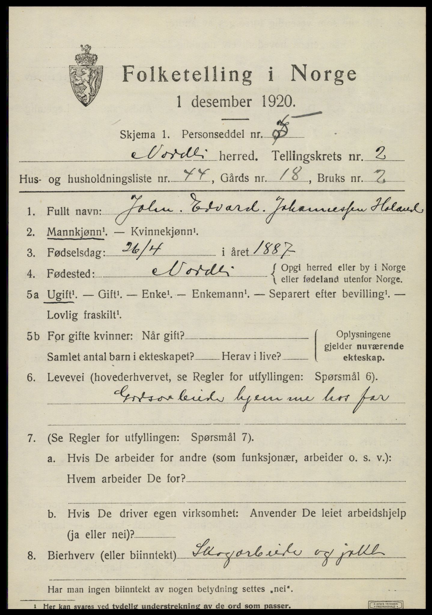 SAT, 1920 census for Nordli, 1920, p. 1395