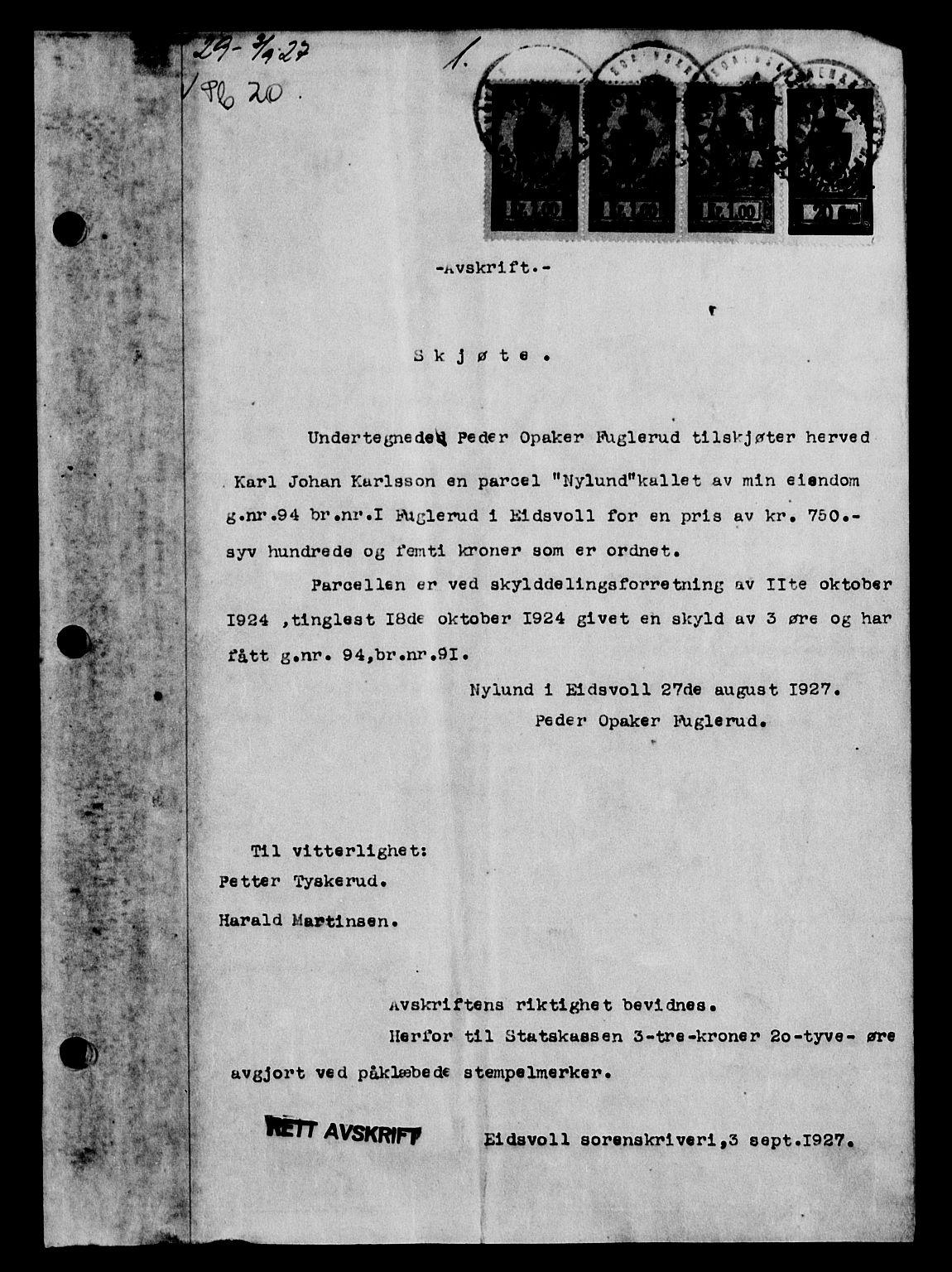 Eidsvoll tingrett, SAO/A-10371/G/Gb/Gba/L0020: Mortgage book no. 20-21, 1927-1929, p. 1