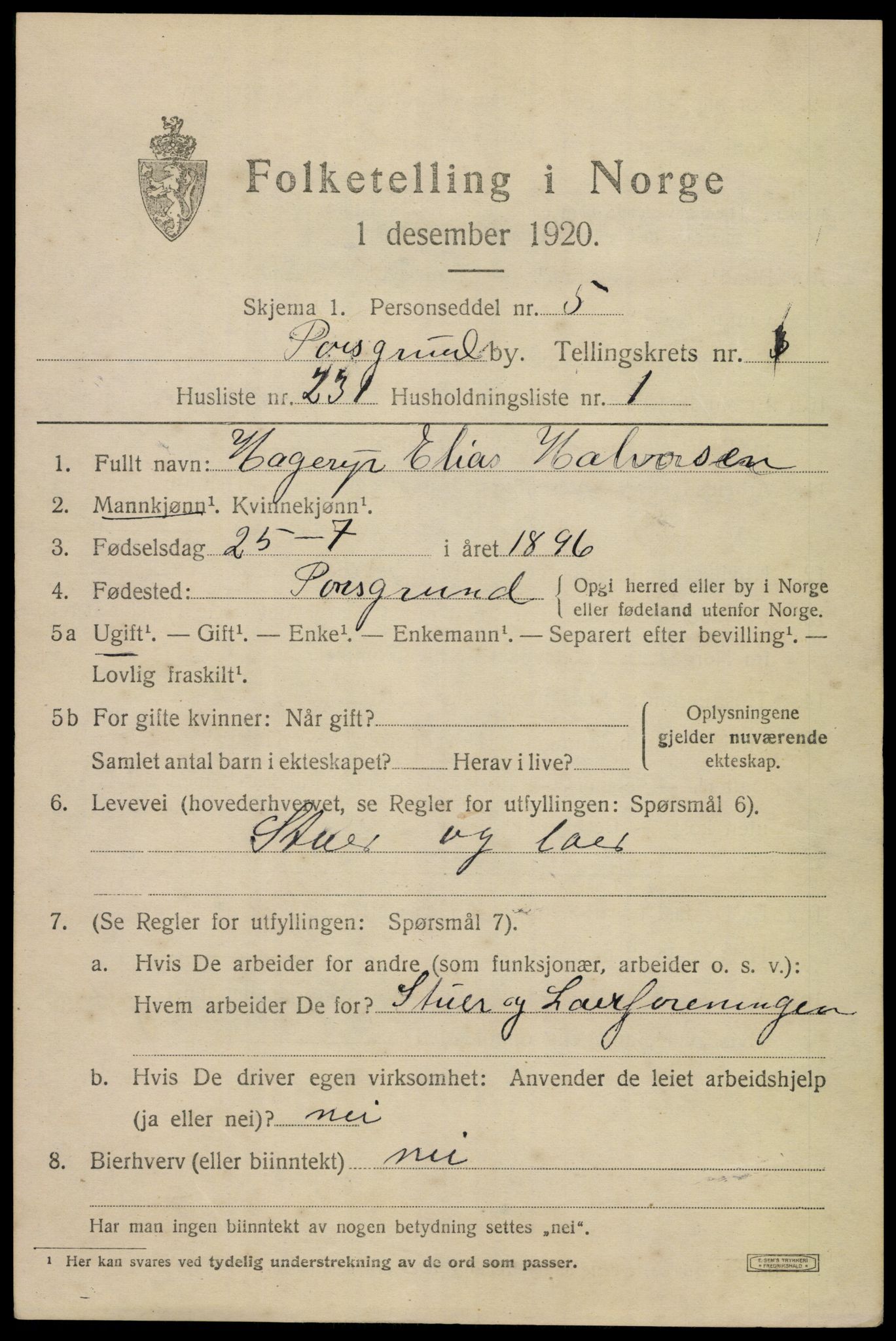 SAKO, 1920 census for Porsgrunn, 1920, p. 17357