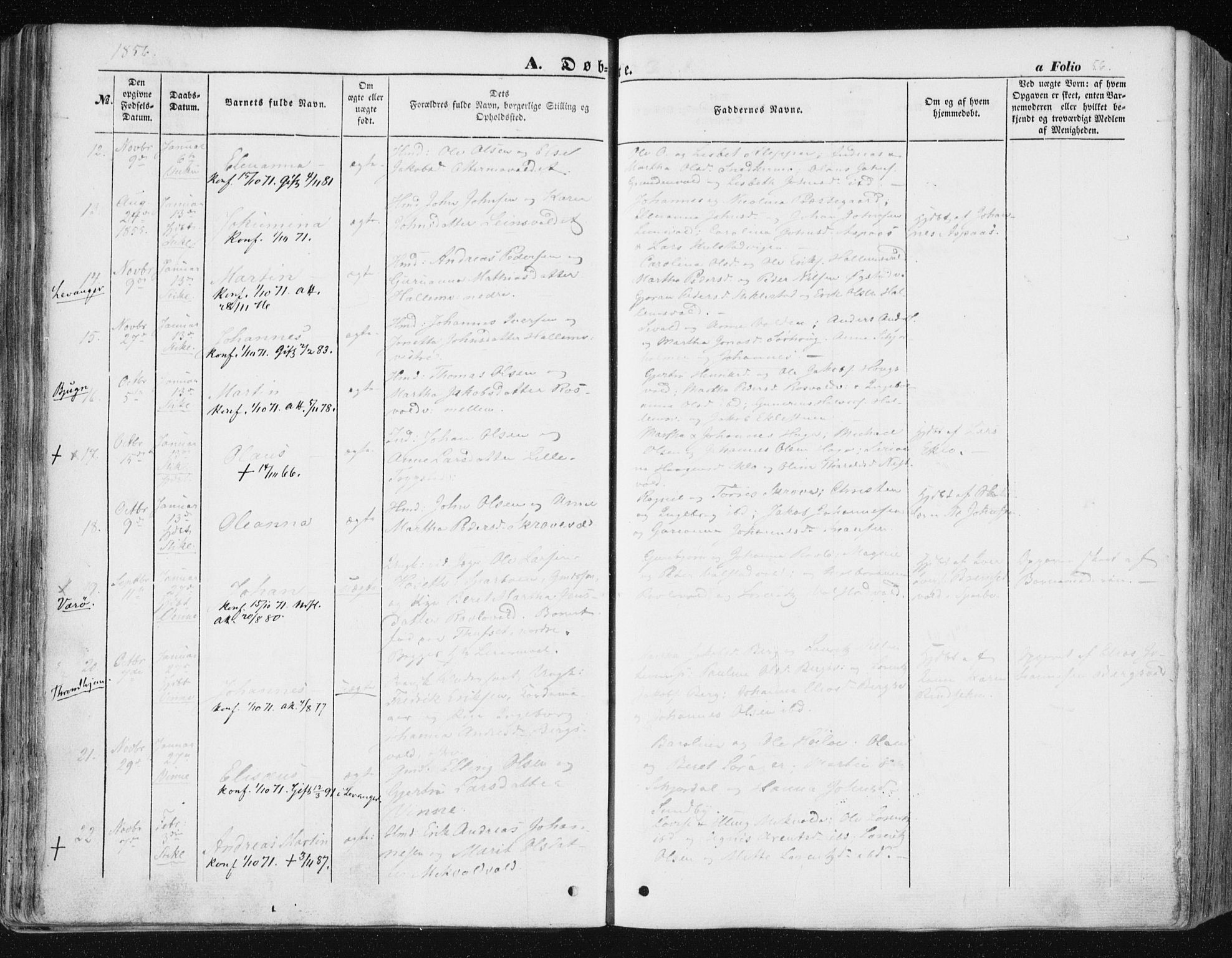 Ministerialprotokoller, klokkerbøker og fødselsregistre - Nord-Trøndelag, SAT/A-1458/723/L0240: Parish register (official) no. 723A09, 1852-1860, p. 56