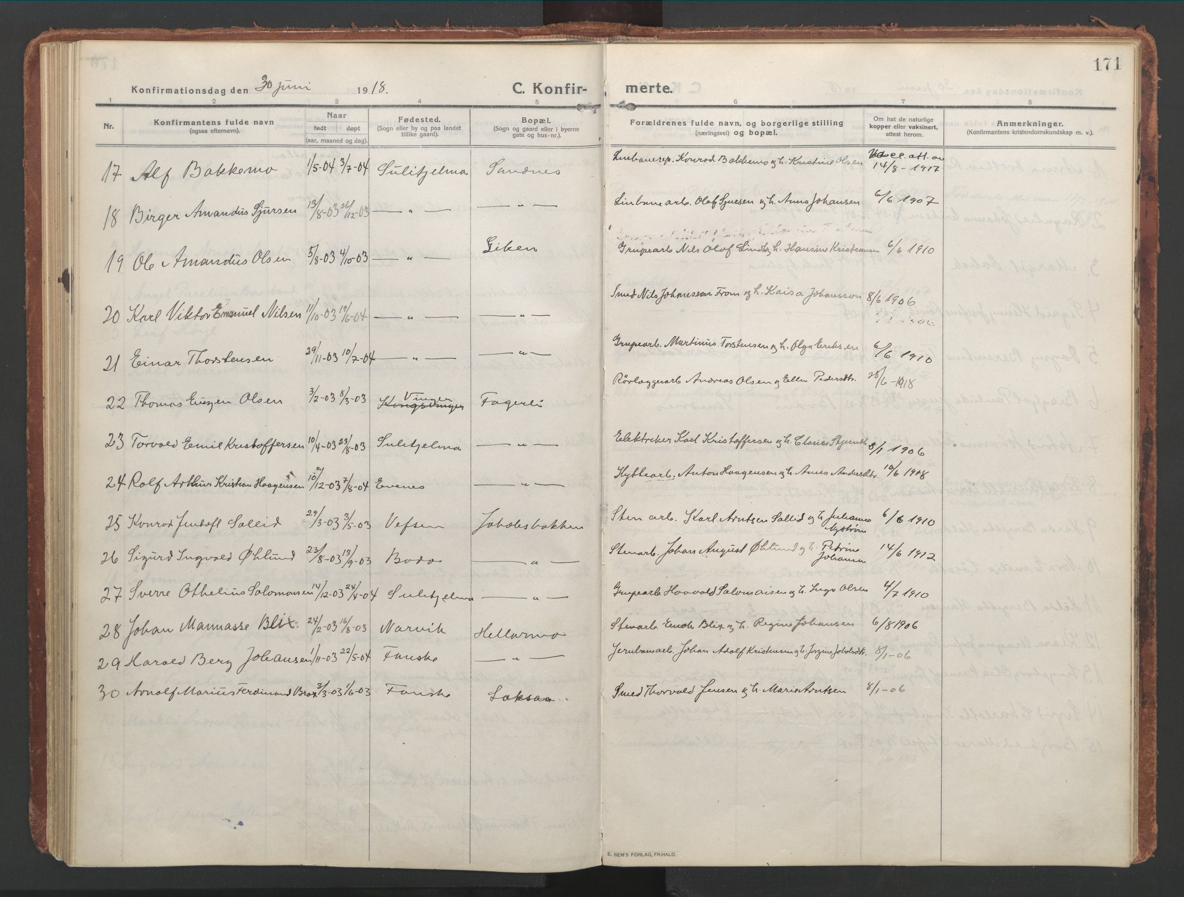 Ministerialprotokoller, klokkerbøker og fødselsregistre - Nordland, AV/SAT-A-1459/850/L0715: Curate's parish register no. 850B05, 1913-1924, p. 171