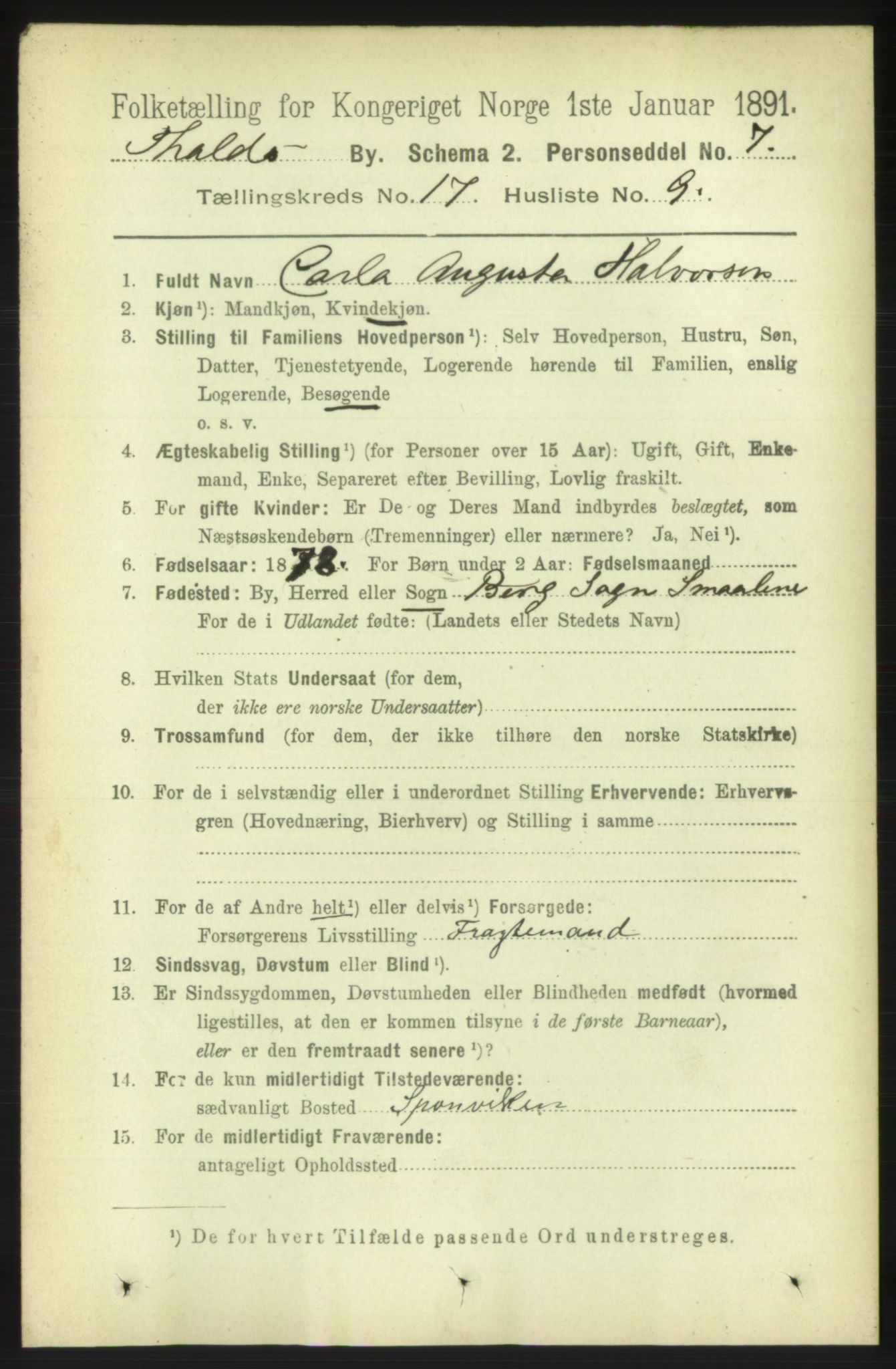 RA, 1891 census for 0101 Fredrikshald, 1891, p. 10989