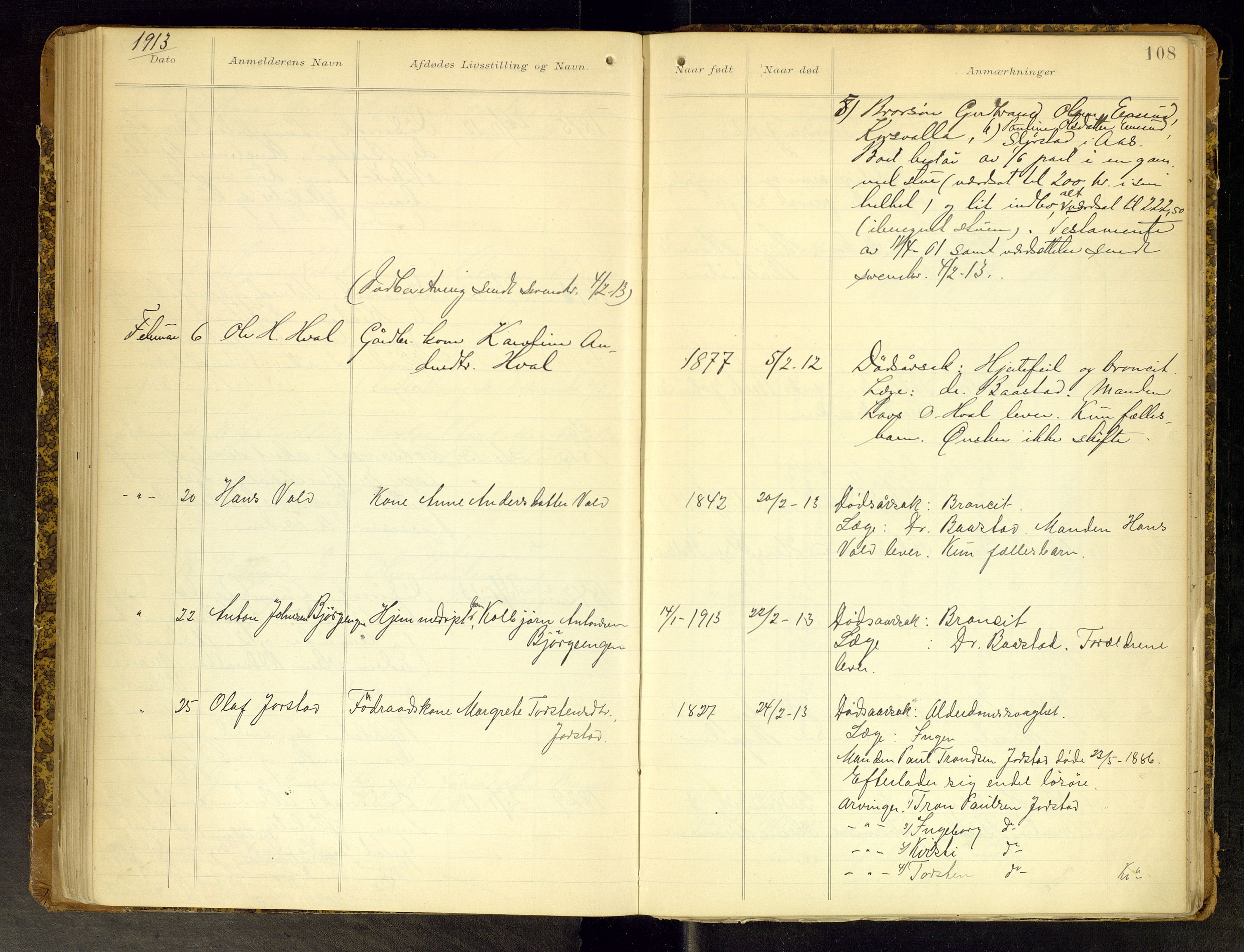 Gran lensmannskontor, AV/SAH-LOG-010/H/Ha/L0002: Dødsfallsprotokoll, 1899-1917, p. 108