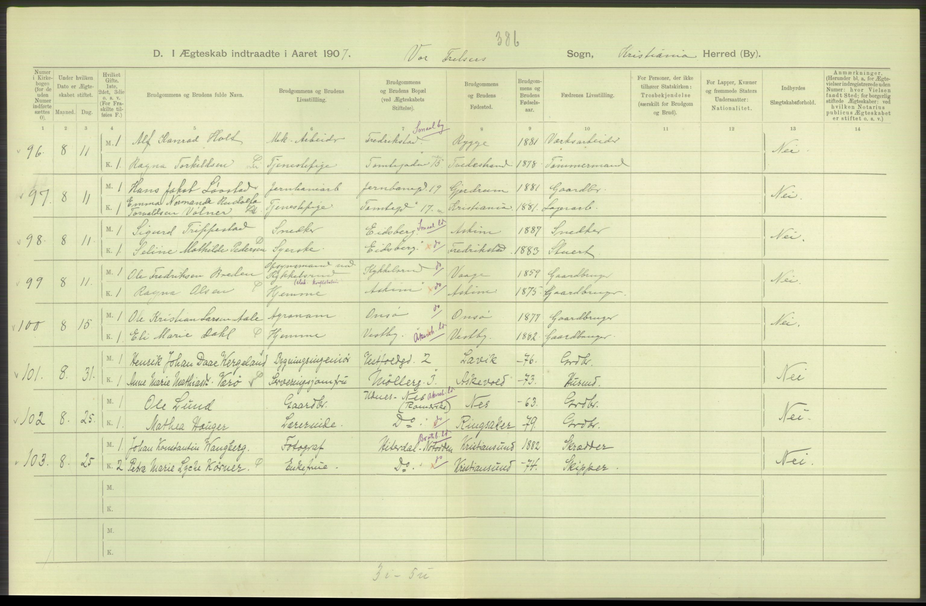 Statistisk sentralbyrå, Sosiodemografiske emner, Befolkning, AV/RA-S-2228/D/Df/Dfa/Dfae/L0008: Kristiania: Gifte, 1907, p. 290