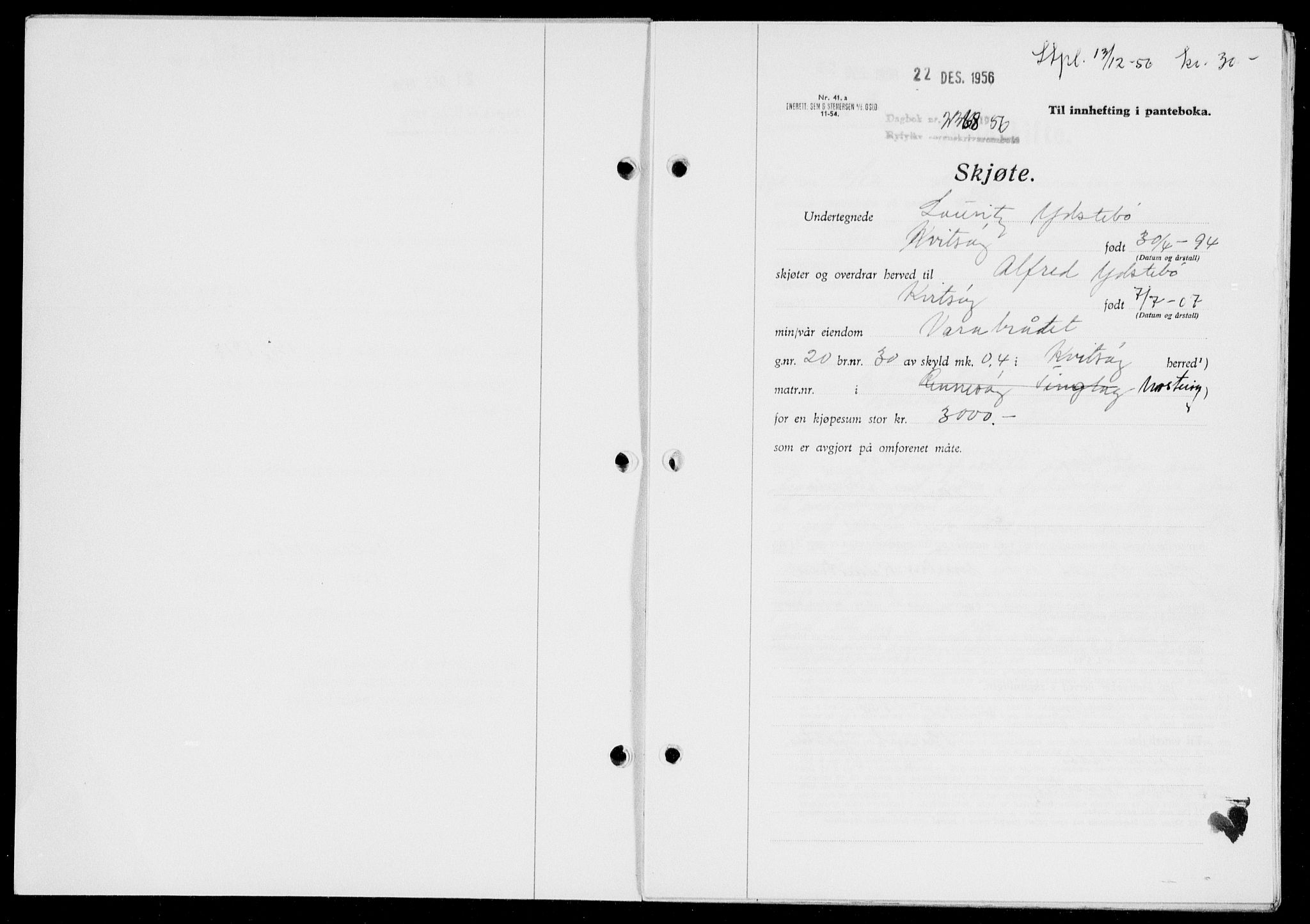 Ryfylke tingrett, AV/SAST-A-100055/001/II/IIB/L0135: Mortgage book no. 114, 1956-1957, Diary no: : 2368/1956