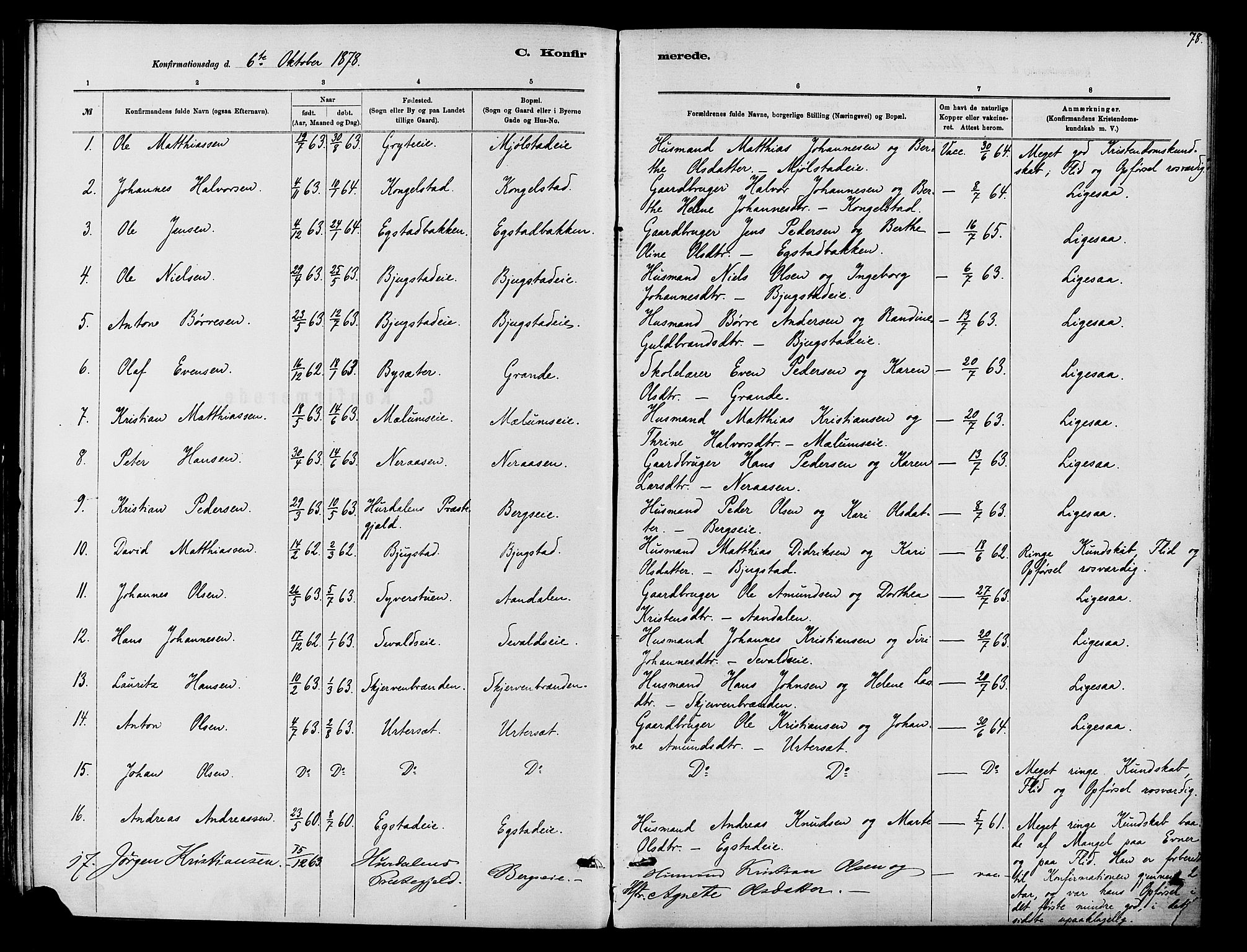 Vardal prestekontor, SAH/PREST-100/H/Ha/Haa/L0010: Parish register (official) no. 10, 1878-1893, p. 78