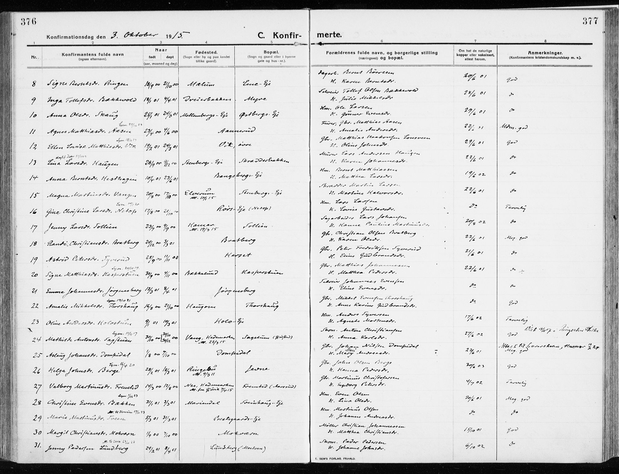 Ringsaker prestekontor, AV/SAH-PREST-014/K/Ka/L0020: Parish register (official) no. 20, 1913-1922, p. 376-377