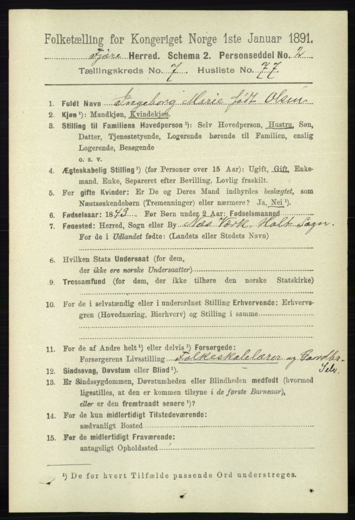 RA, 1891 census for 0923 Fjære, 1891, p. 3665