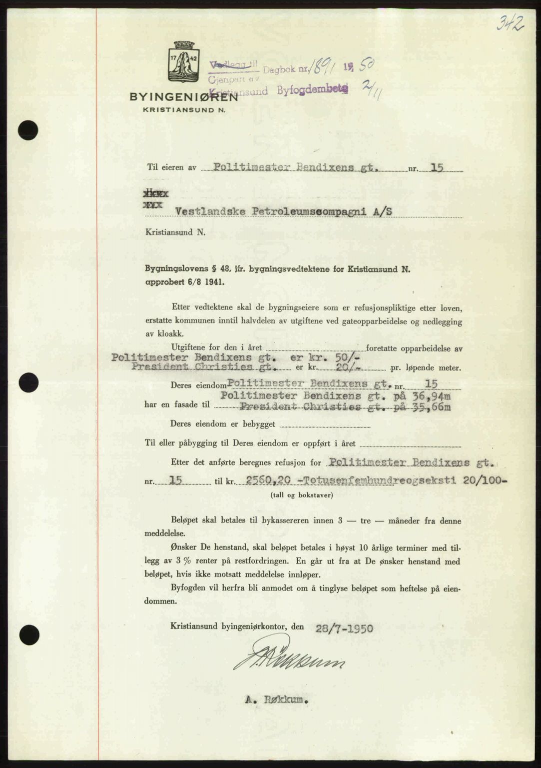 Kristiansund byfogd, SAT/A-4587/A/27: Mortgage book no. 50, 1950-1950, Diary no: : 1891/1950