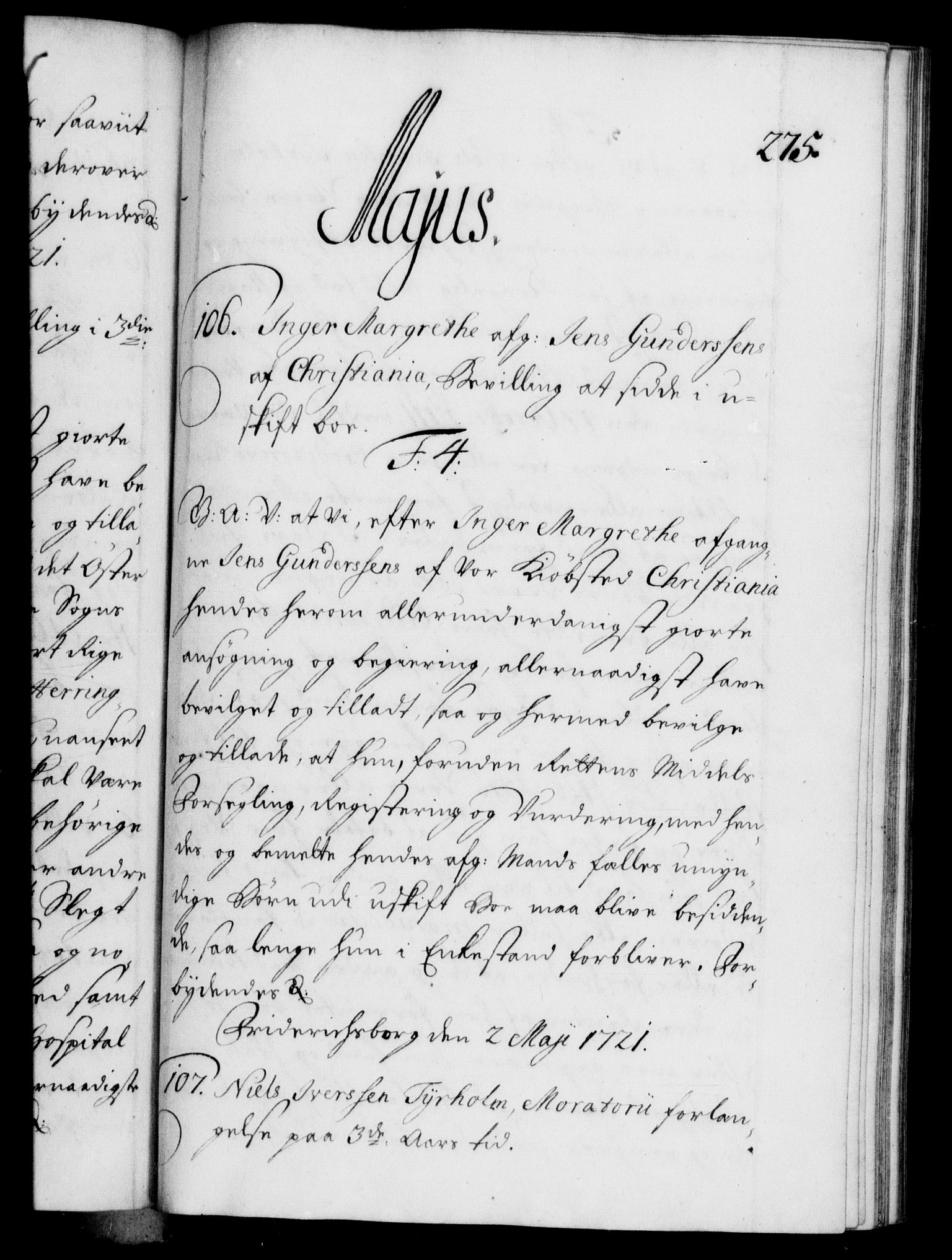 Danske Kanselli 1572-1799, RA/EA-3023/F/Fc/Fca/Fcaa/L0023: Norske registre, 1720-1722, p. 275a