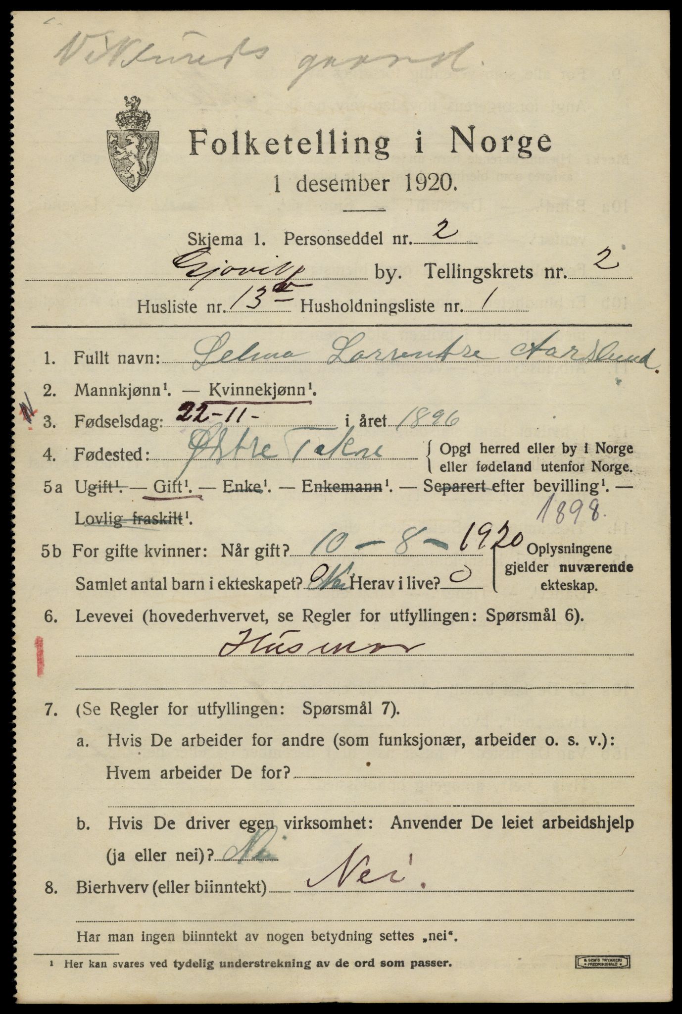 SAH, 1920 census for Gjøvik, 1920, p. 4852