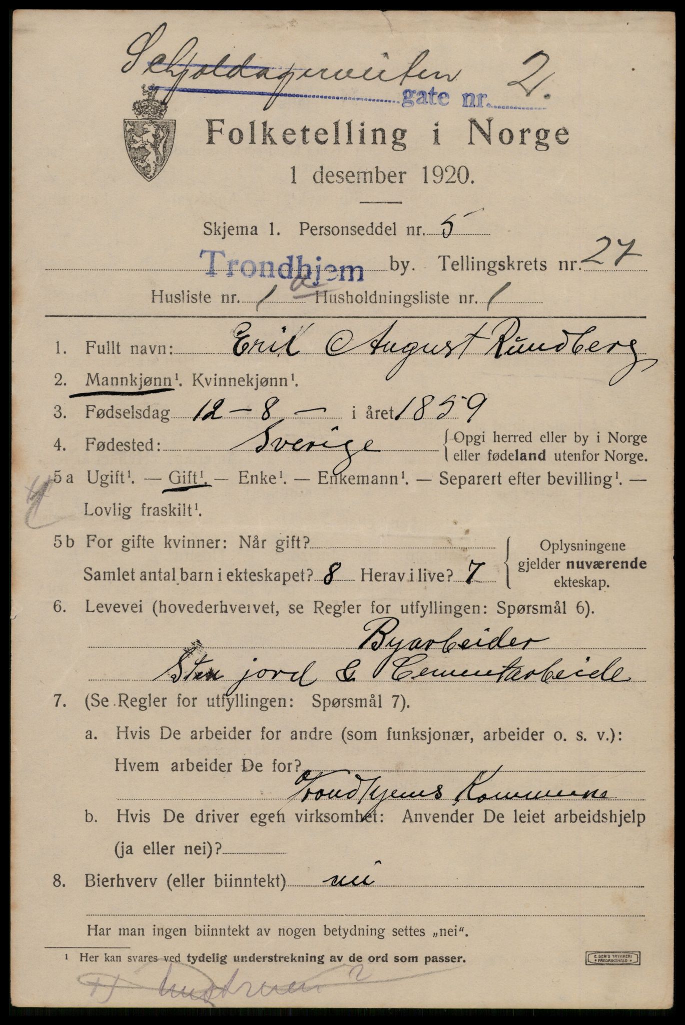 SAT, 1920 census for Trondheim, 1920, p. 69748
