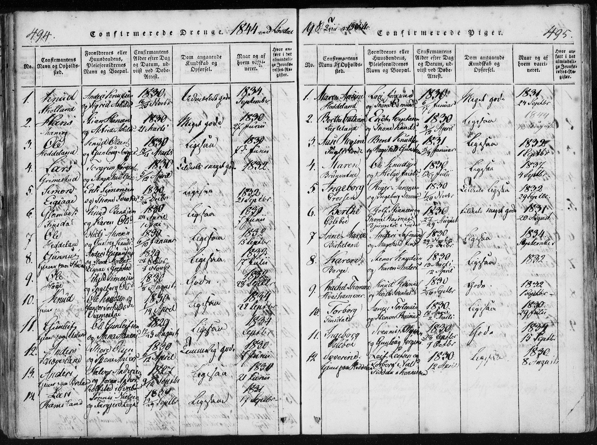 Holum sokneprestkontor, AV/SAK-1111-0022/F/Fa/Fac/L0002: Parish register (official) no. A 2, 1821-1859, p. 494-495