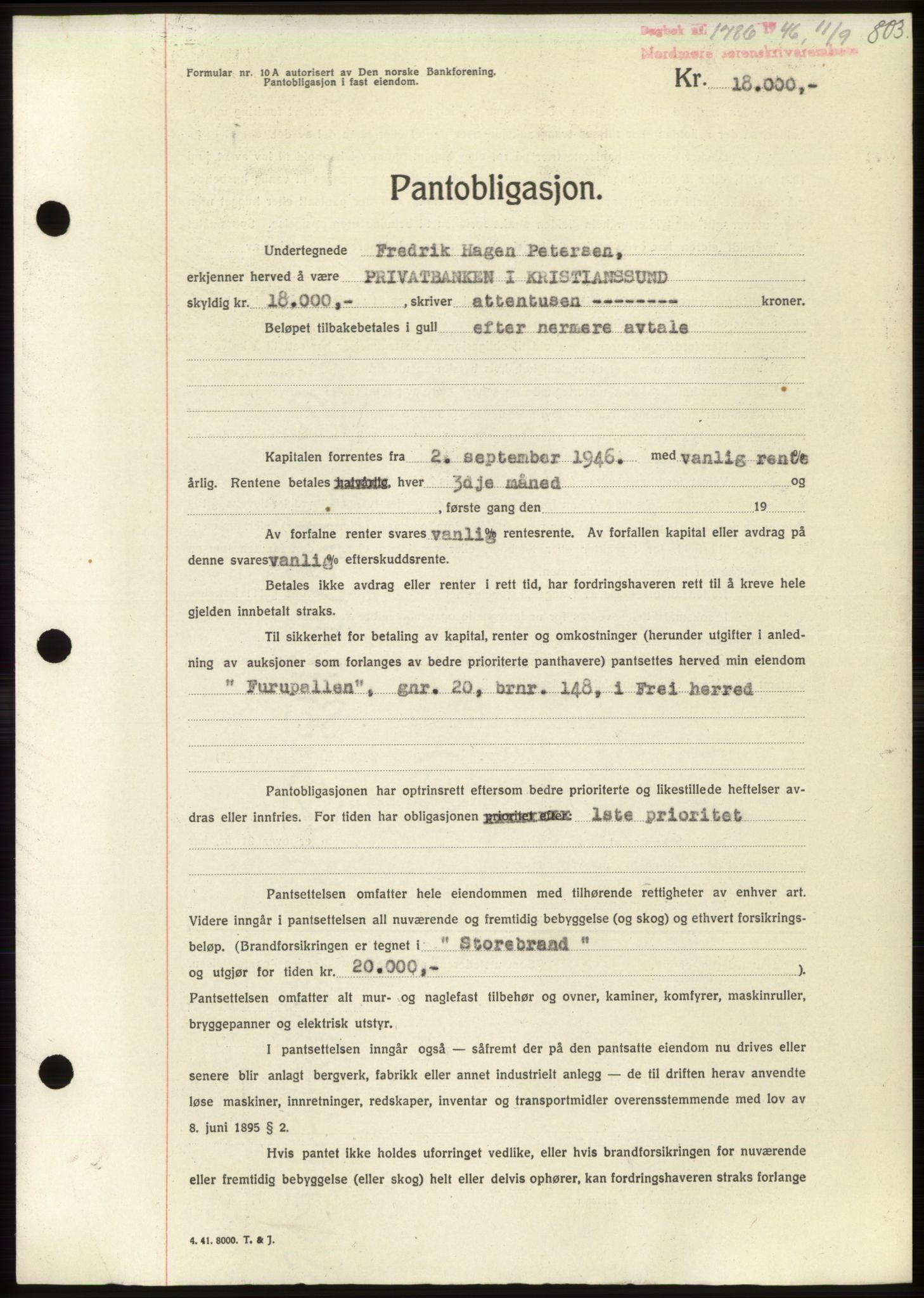 Nordmøre sorenskriveri, AV/SAT-A-4132/1/2/2Ca: Mortgage book no. B94, 1946-1946, Diary no: : 1786/1946