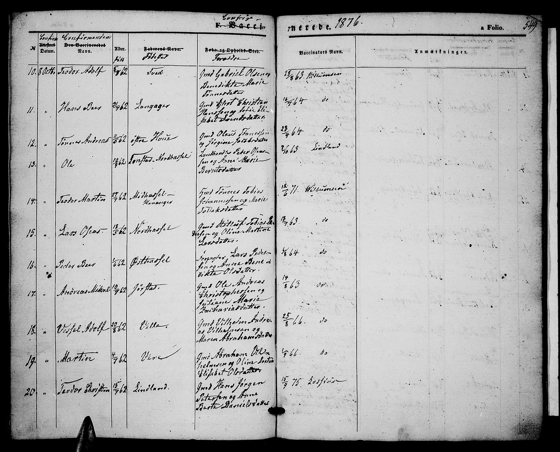 Lista sokneprestkontor, SAK/1111-0027/F/Fb/L0003: Parish register (copy) no. B 3, 1862-1877, p. 549