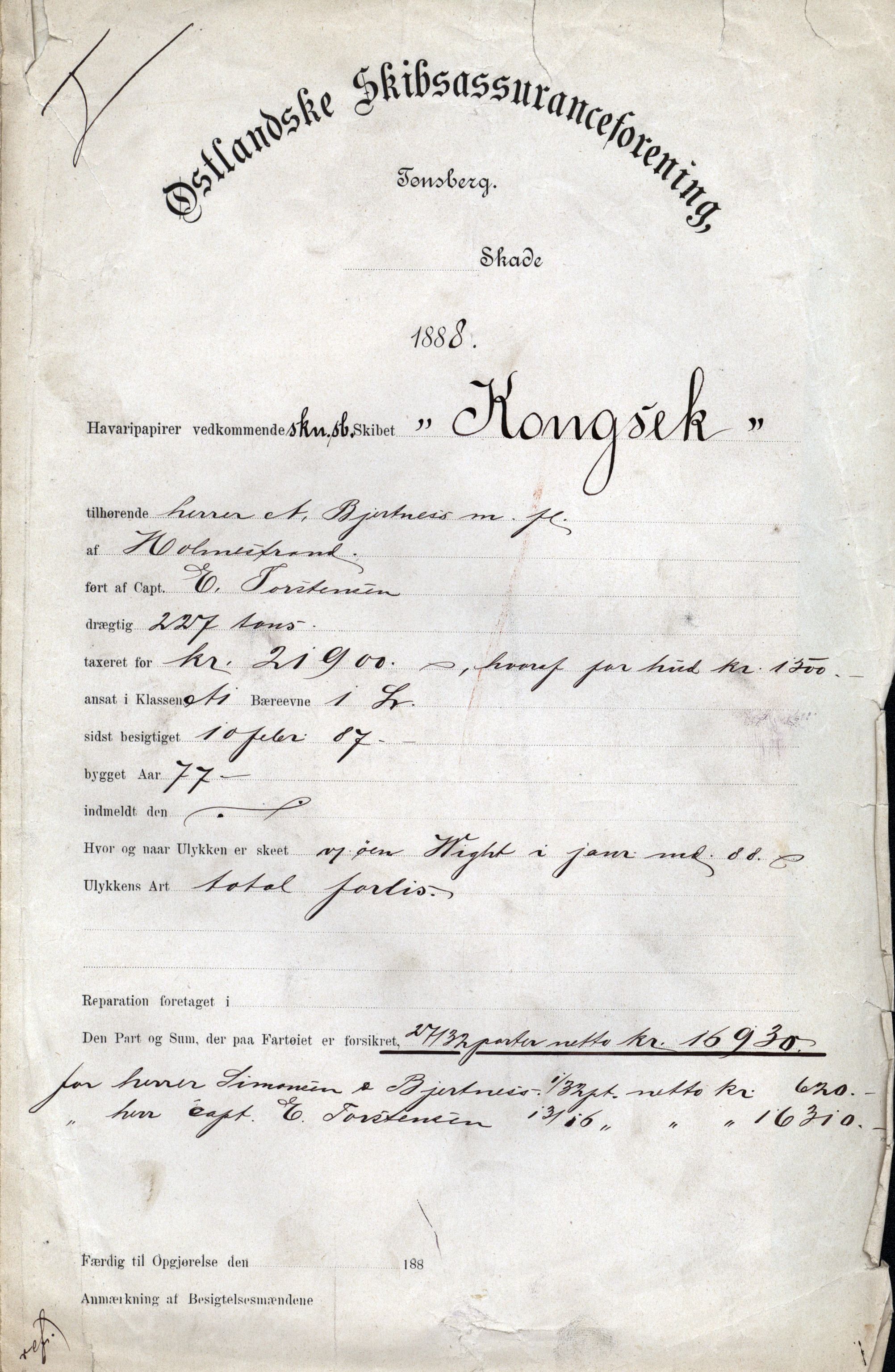 Pa 63 - Østlandske skibsassuranceforening, VEMU/A-1079/G/Ga/L0021/0005: Havaridokumenter / Haabet, Louise, Kvik, Libra, Kongsek, Ispilen, 1888, p. 25