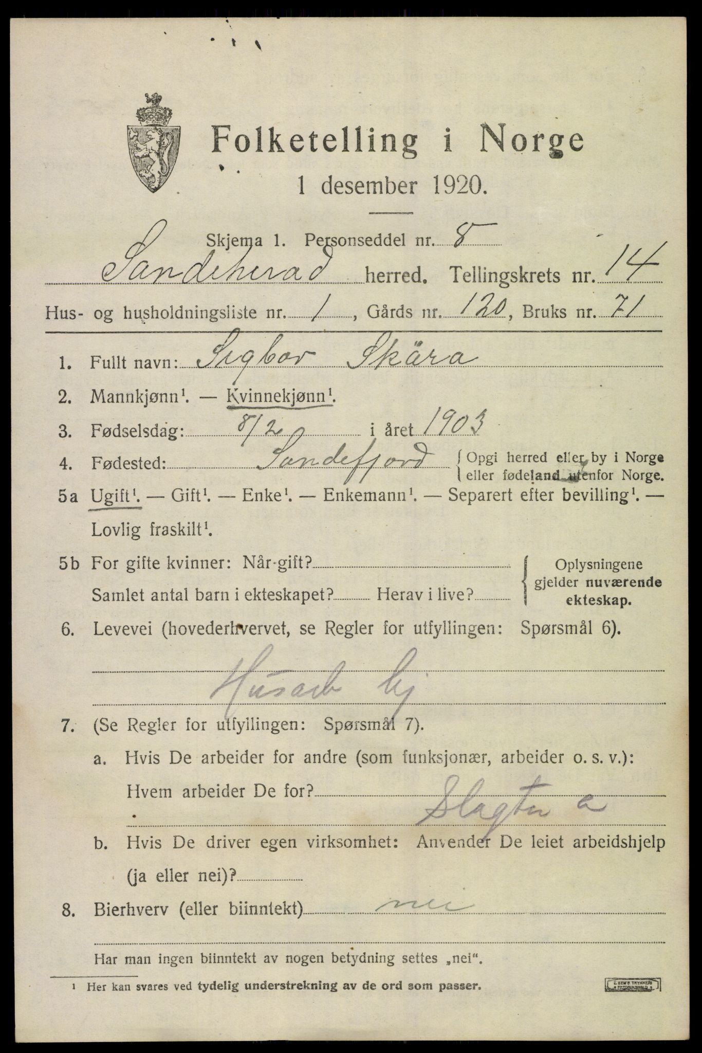 SAKO, 1920 census for Sandeherred, 1920, p. 20190