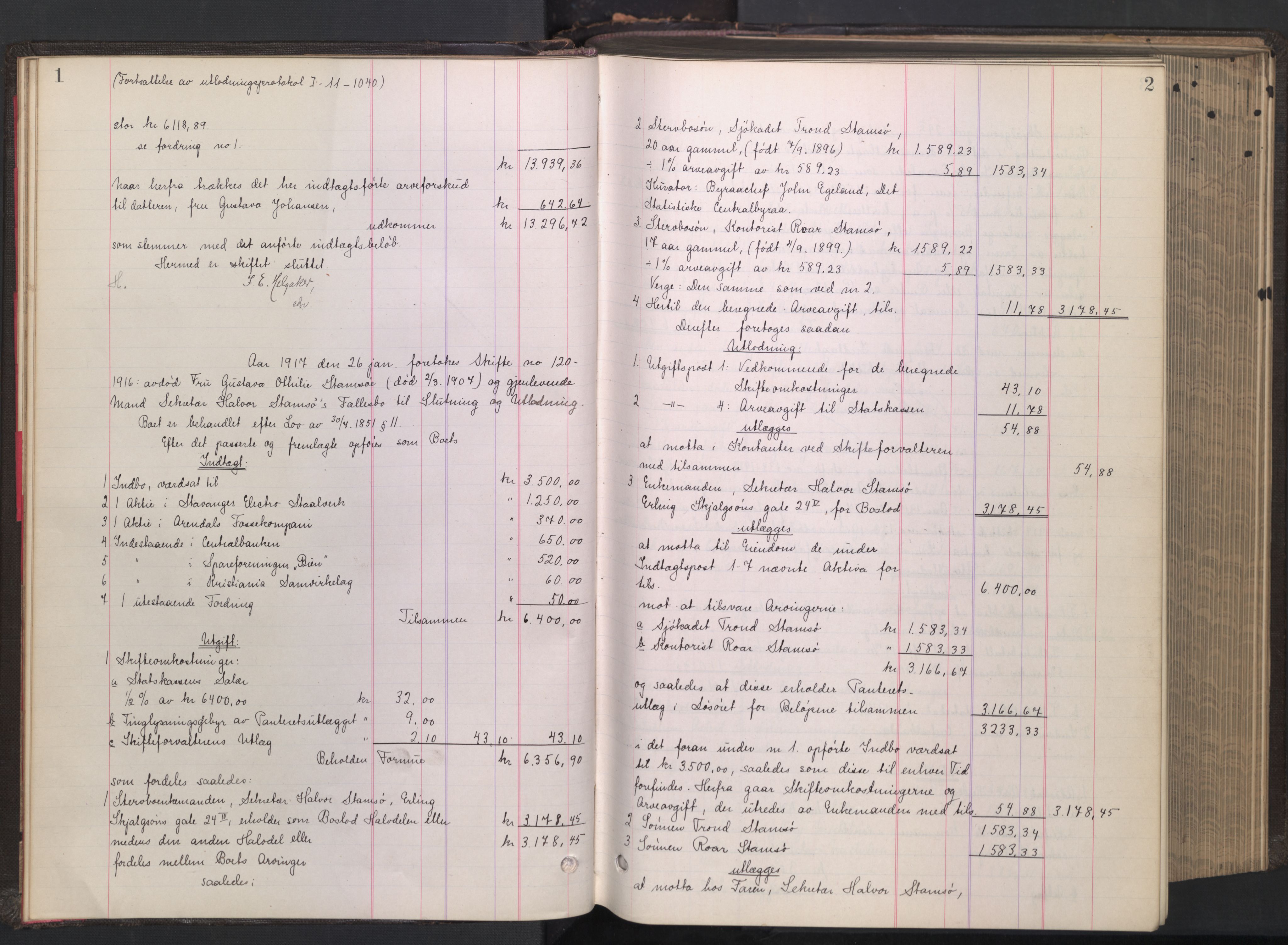 Oslo skifterett, AV/SAO-A-10383/H/Hd/Hdb/L0012: Skifteutlodningsprotokoll, 1917-1918, p. 1-2