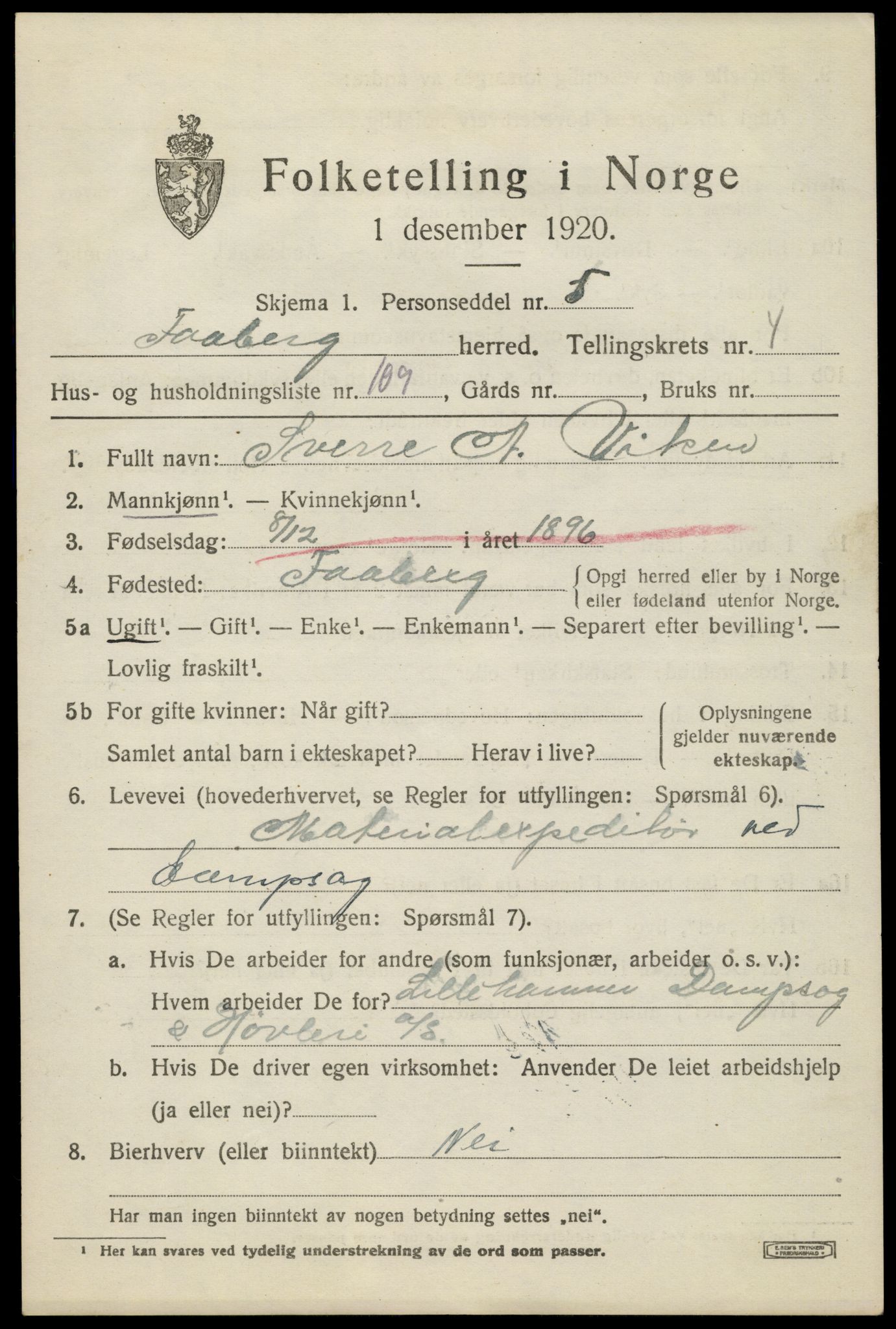 SAH, 1920 census for Fåberg, 1920, p. 5904